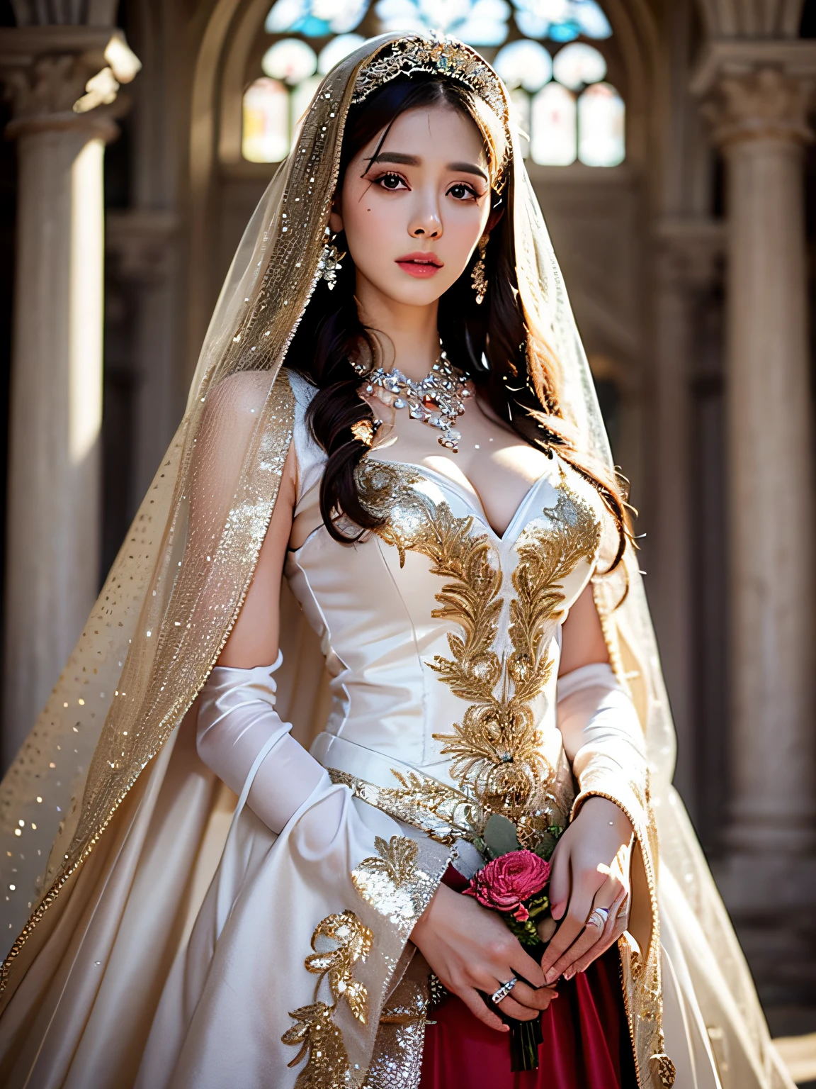 Top Quality, Ultra High Resolution, (Photorealistic: 1.4), Cinema Light, Depth of Field, Beautiful Face, (PureErosFace_V1:0.8), |1 Girl, Fan Bing, Woman in Red Dress and Gold Jewelry, Fan Bing Fashion, Colossal, White Cloak, Intricate Design, Cathedral Background, Extra Long Wavy Brown Hair, RAW, Beautiful Women, (detailed face), (detailed facial features), (fine detailed skin), pale skin, (masterpiece), perfect proportions, realistic photos, (full shot), (full body), (body portrait), ((with bouquet)), ((wearing a veil)), hem of the dress is long and dragging,