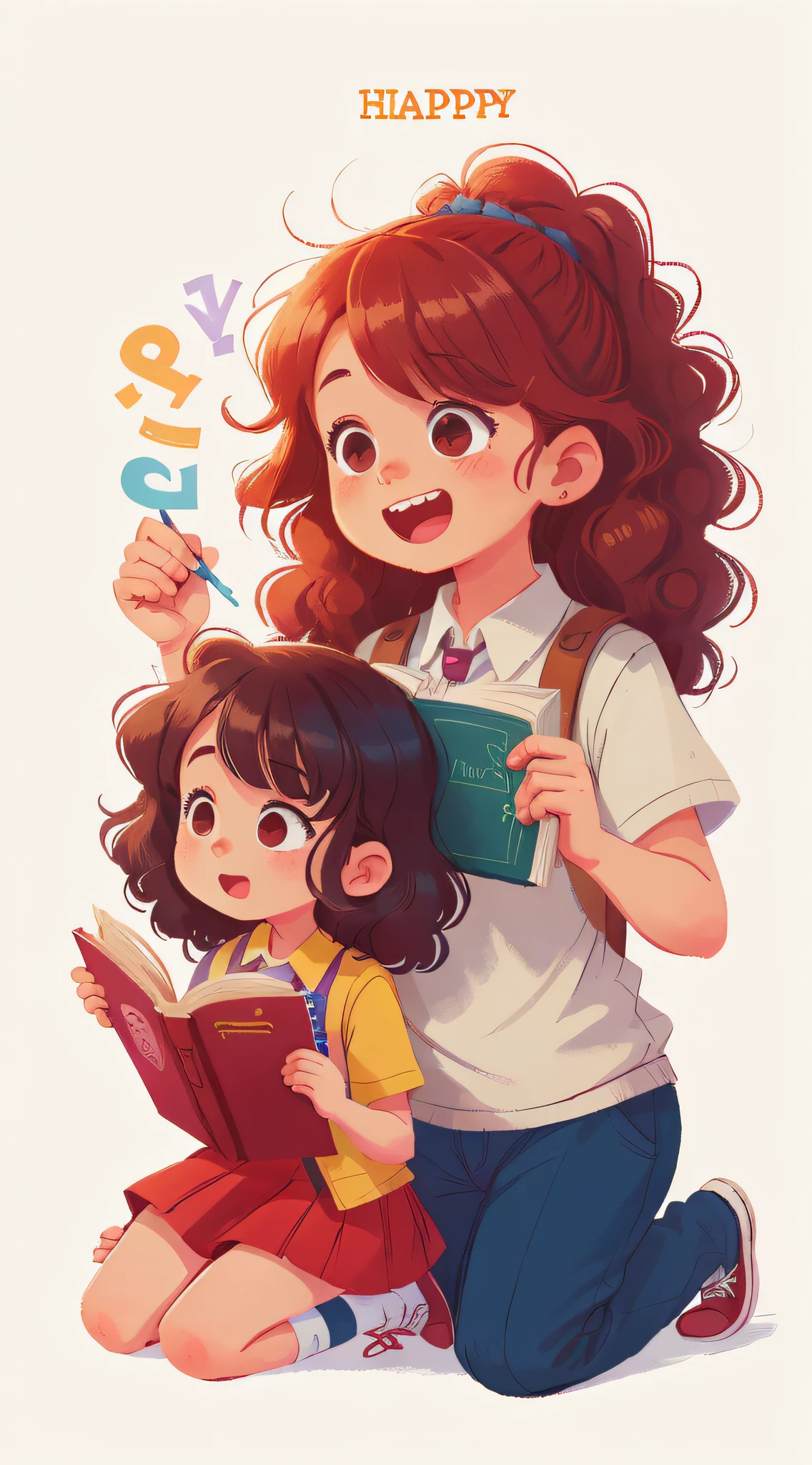 A boy, a girl, a teacher, happy learning, curly hair, super high resolution, illustration effect for poster or magazine, simple background, lots of white space, pastel colors (hand details: 1) best quality, book cover