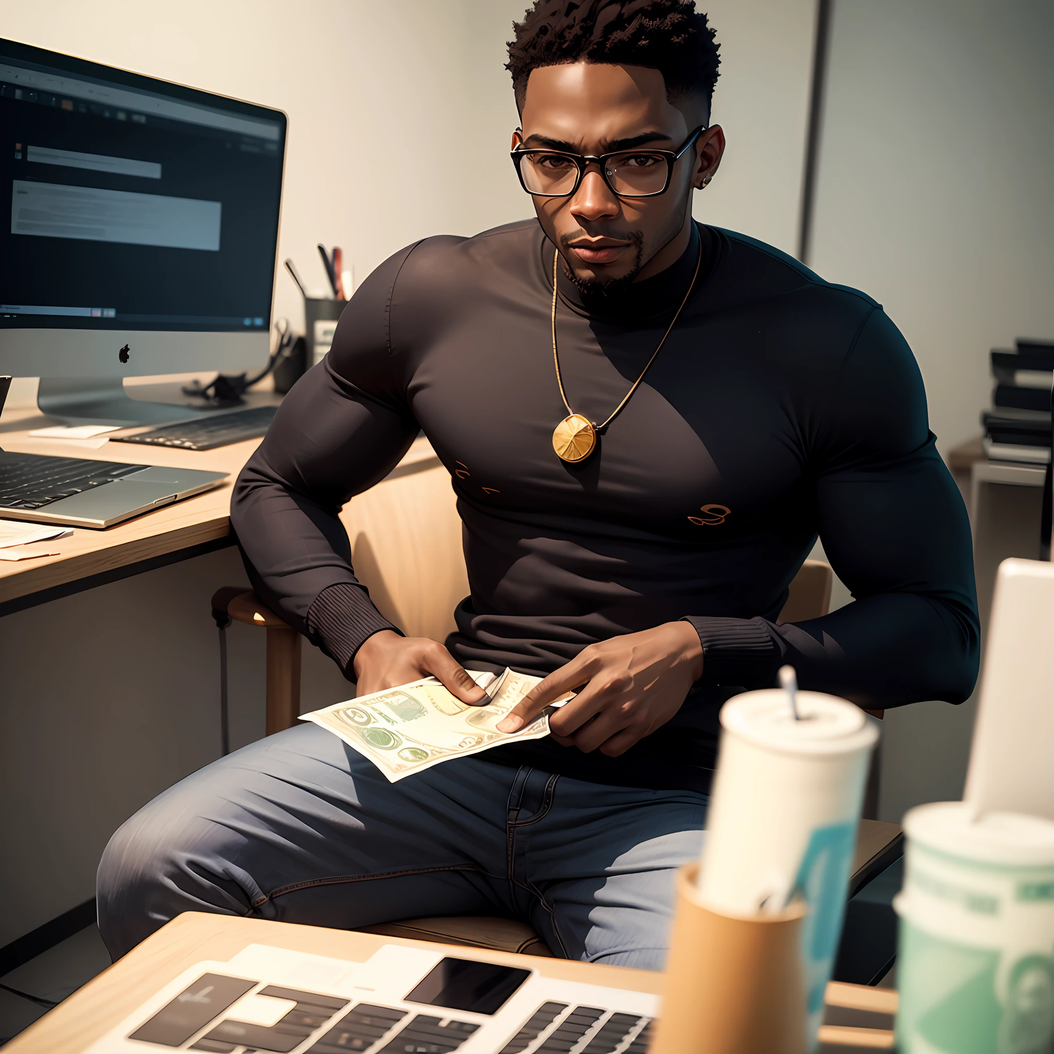 Creates an image of a black man in glasses sitting in front of a laptop with the background image with. Several dollar bills. --auto
