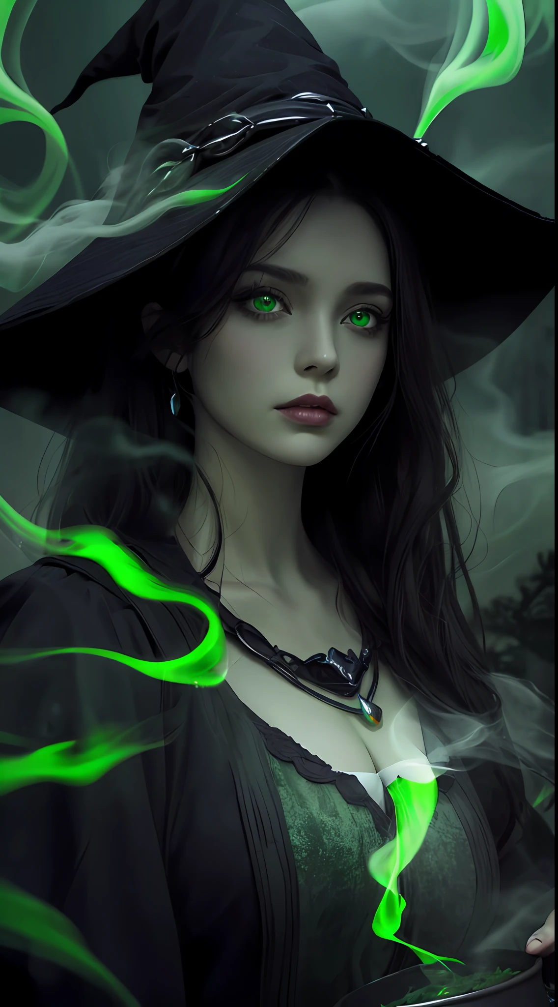 1 beautiful witch, intricate and beautiful design, black hair, highly detailed face, triangular face, natural makeup, green eyes, shiny lips, (making poison with cauldron and green smoke, green lights, green glowing particles, green spacial effects, at night), foggy, shadowy, eerie, dark, dramatic lighting, cinematic lighting, ultra-realistic, highest quality, super detail