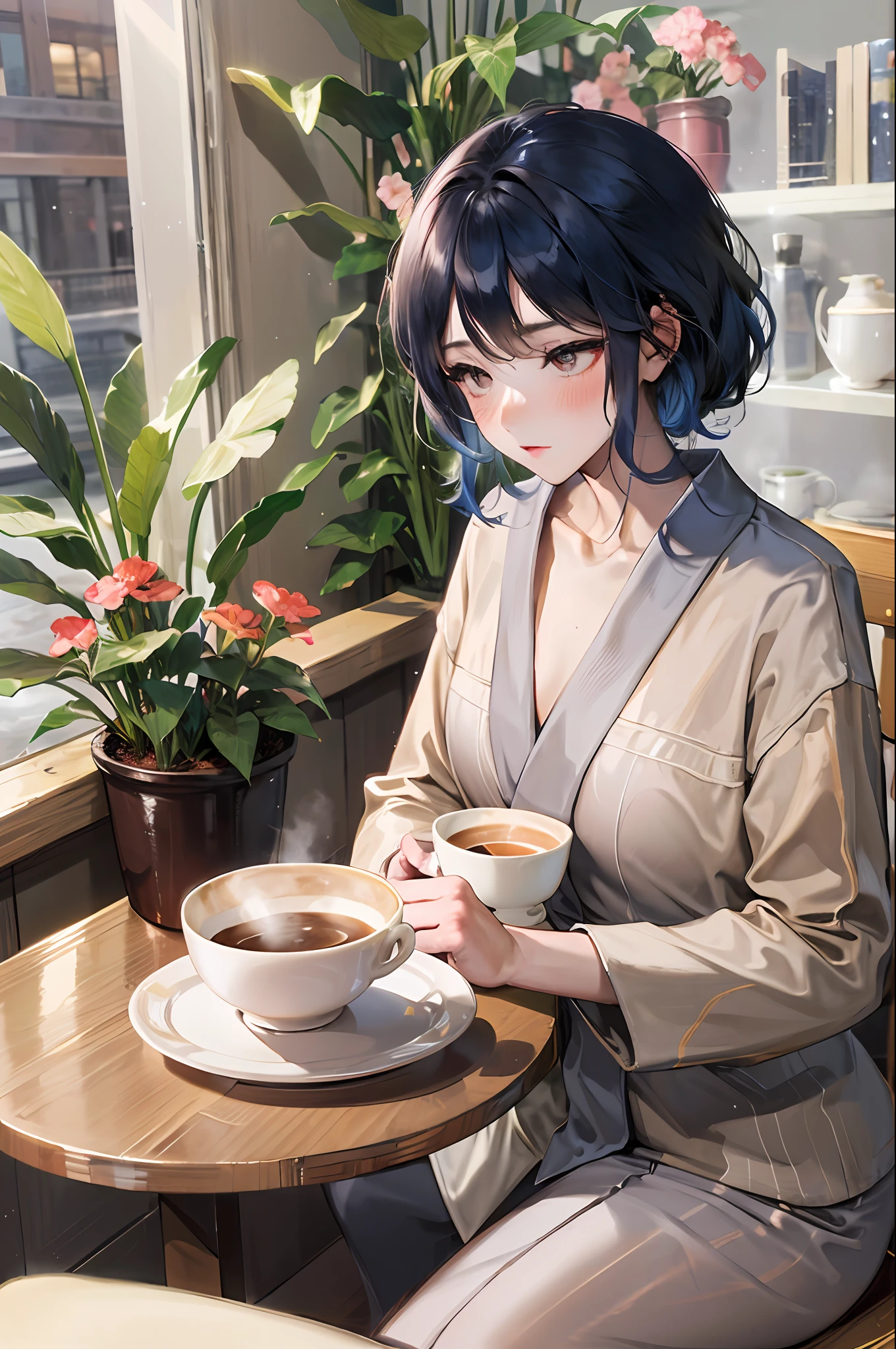 girl, café, table, sunny, comfortable, quiet, floral, soft, aesthetic, relaxing, morning, casual, warm, steam, peace, daydream, fragrance, latte art, books, potted plants, cherry blossoms, blush, contemplative, gentle, delicate, whimsical, blue hair, kimono, wavy pattern