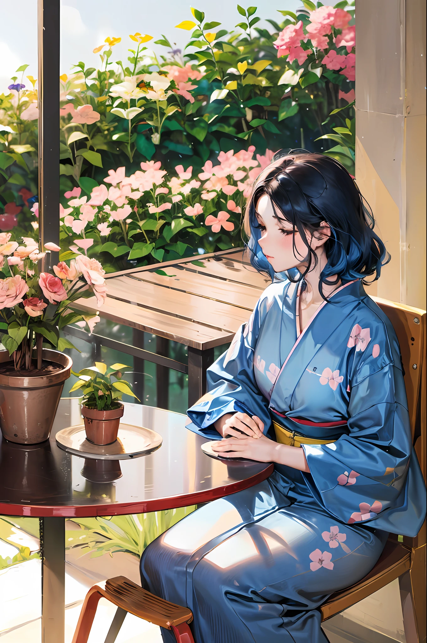 girl, café, table, sunny, comfortable, quiet, floral, soft, aesthetic, relaxing, morning, casual, warm, steam, peace, daydream, fragrance, latte art, books, potted plants, cherry blossoms, blush, contemplative, gentle, delicate, whimsical, blue hair, kimono, wavy pattern