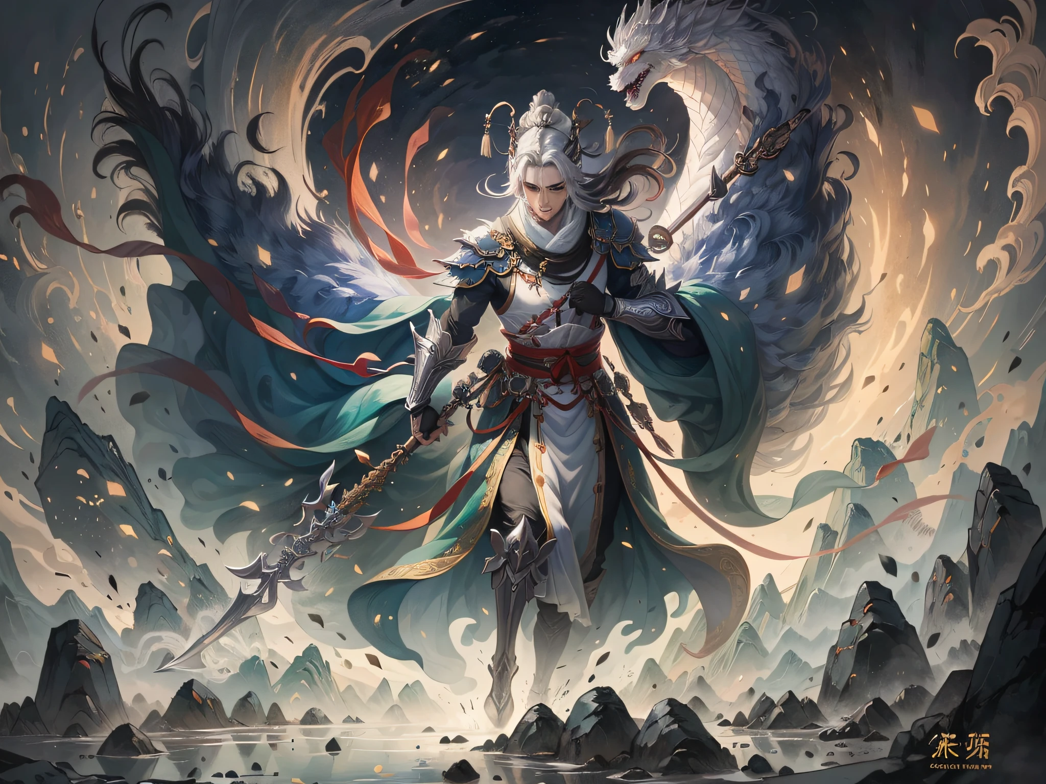 (Character face: 1.2), serious expression, open eyes, white horse silver spear, military general, behind the Chinese dragon phantom, white dragon