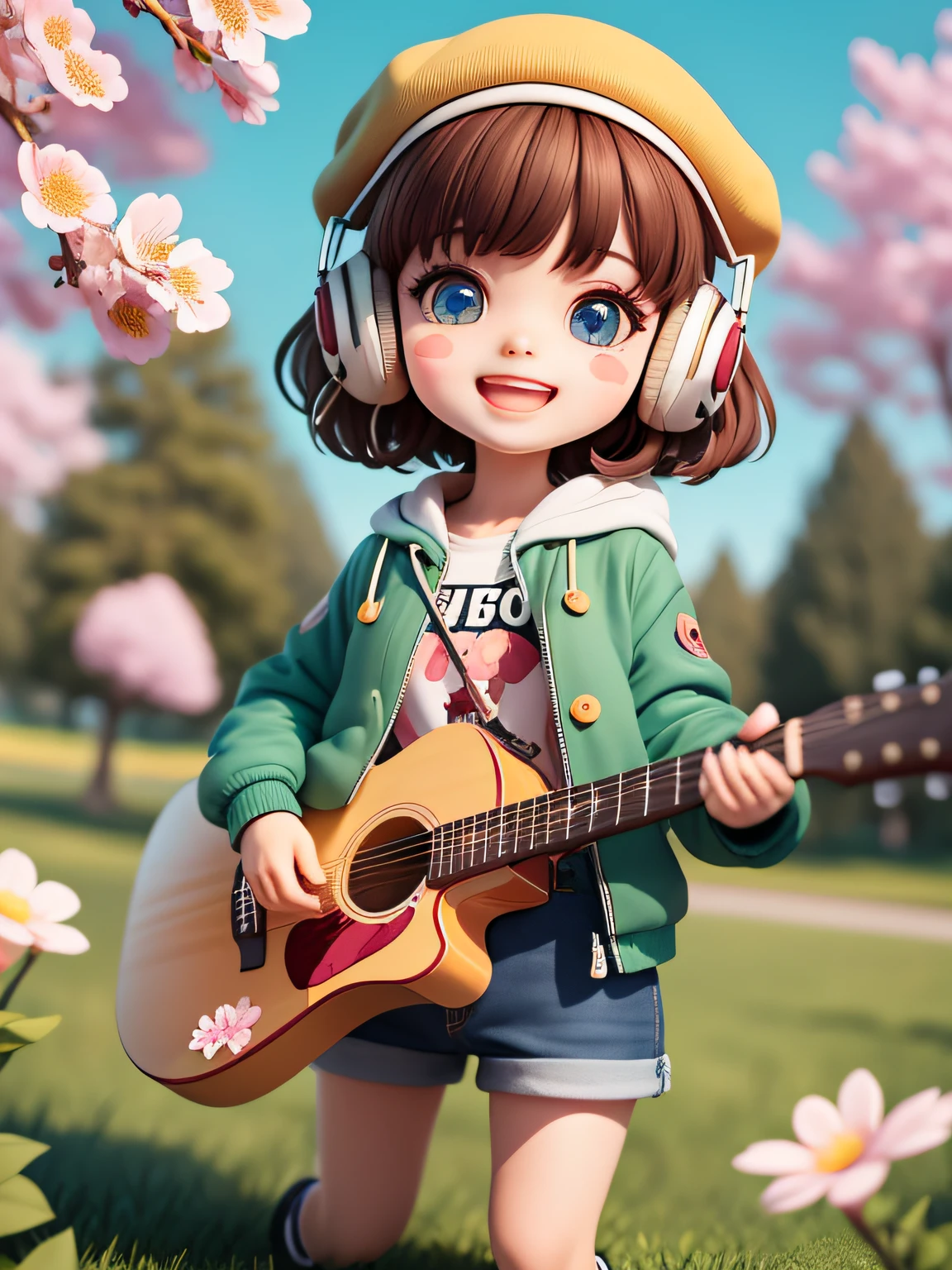 (masterpiece),(best quality),(ultra-detailed), (full body:1.2), 1girl,chibi,cute, smile, open mouth, flower, outdoors, playing guitar, music, beret, holding guitar, jacket, blush, tree, :3, shirt, short hair, cherry blossoms, green headwear, blurry, brown hair, blush stickers, long sleeves, bangs, headphones, black hair, pink flower, (beautiful detailed face), (beautiful detailed eyes),
