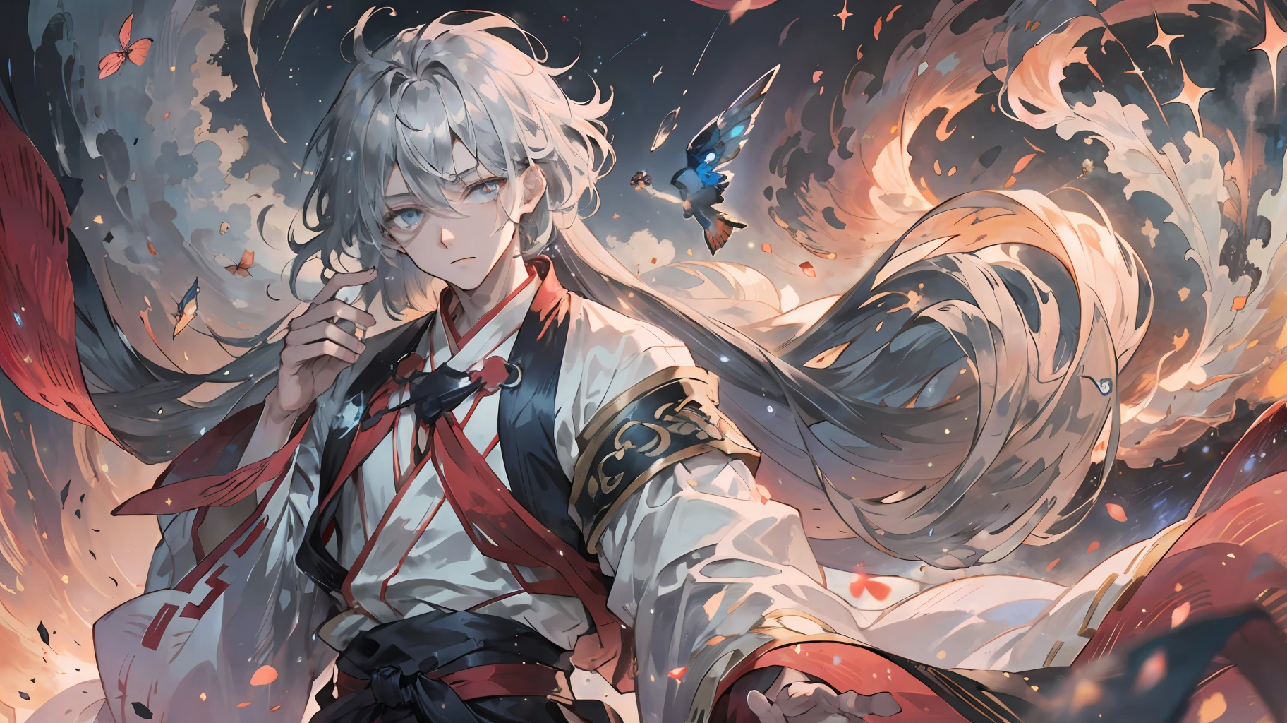 Single, solo, hanfu, white top, wide robe with big sleeves, peach source wonderland, (((young men))), dramatic composition, light hair, focused depiction of eyes, gray hair, opal-like eyes, sleeves flying, hair fluttering, mist, mysterious, light particles, starlight, mist, long hair