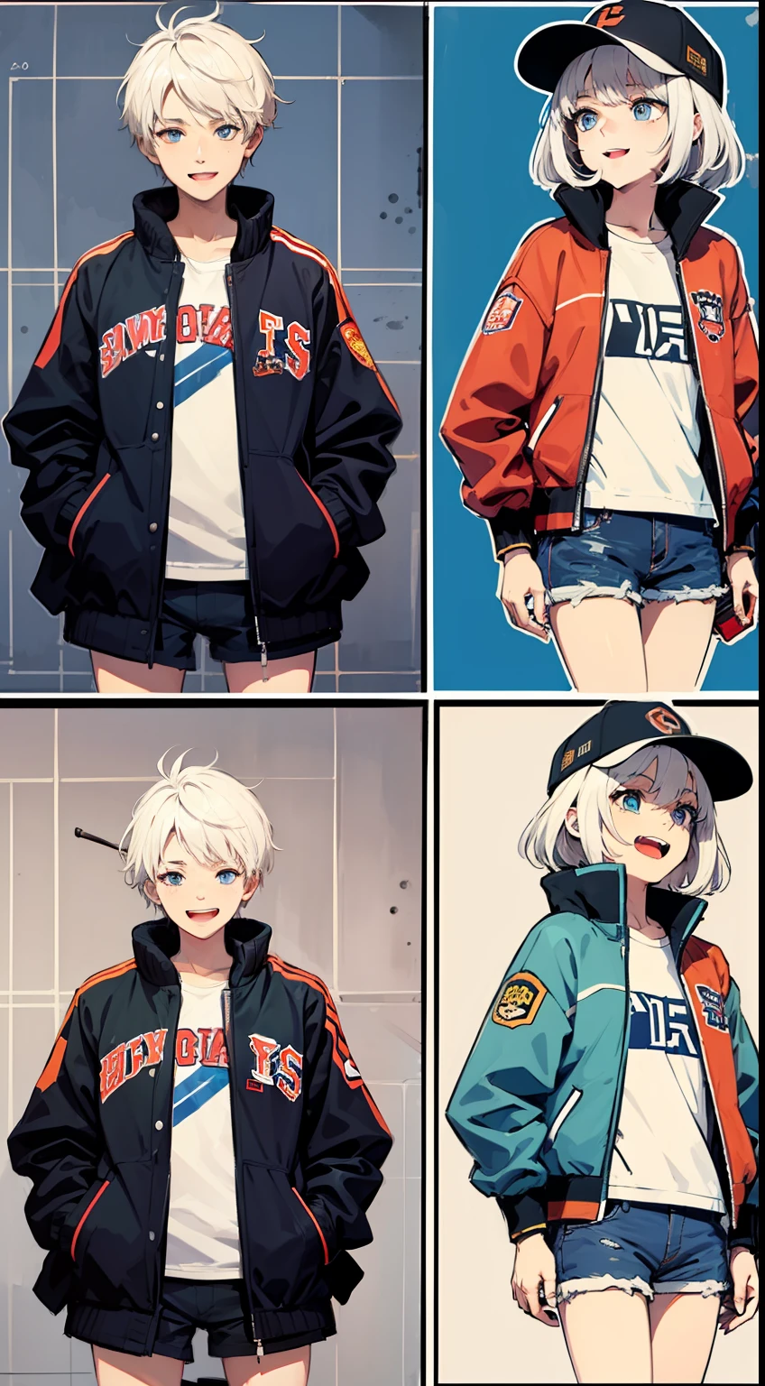 (setting diagram:1.1), character design drawing, character profile,(expression sheet:1.1), (infographic:1.05),masterpiece, best quality, white hair, laughing,, letterman jacket, Baseball cap,letterman jacket,blue eyes,short shorts,(baggy clothes),baseball bat,
