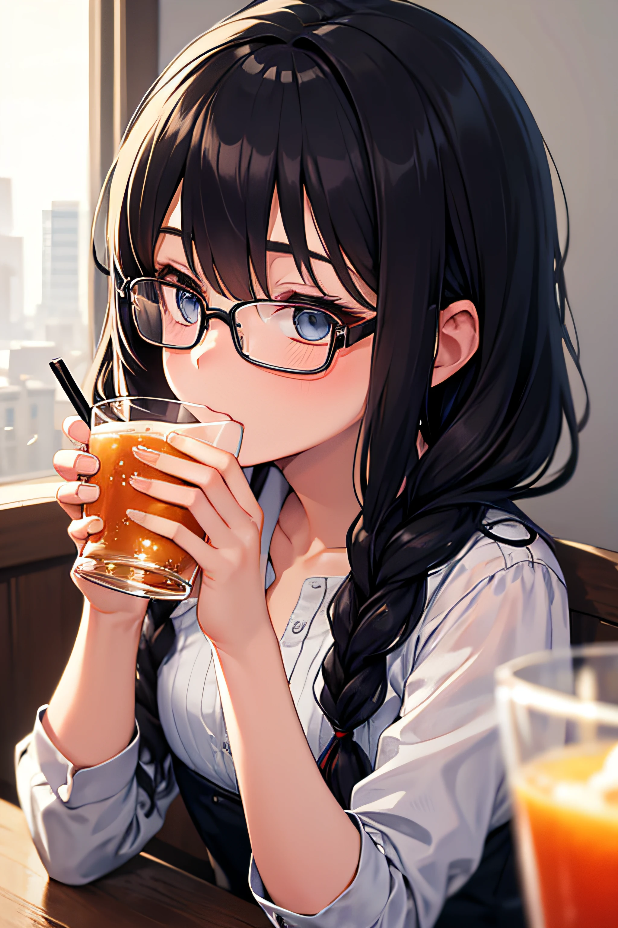 Masterpiece, best quality, 1 girl, long hair, glasses, drinking water, shyness, braids