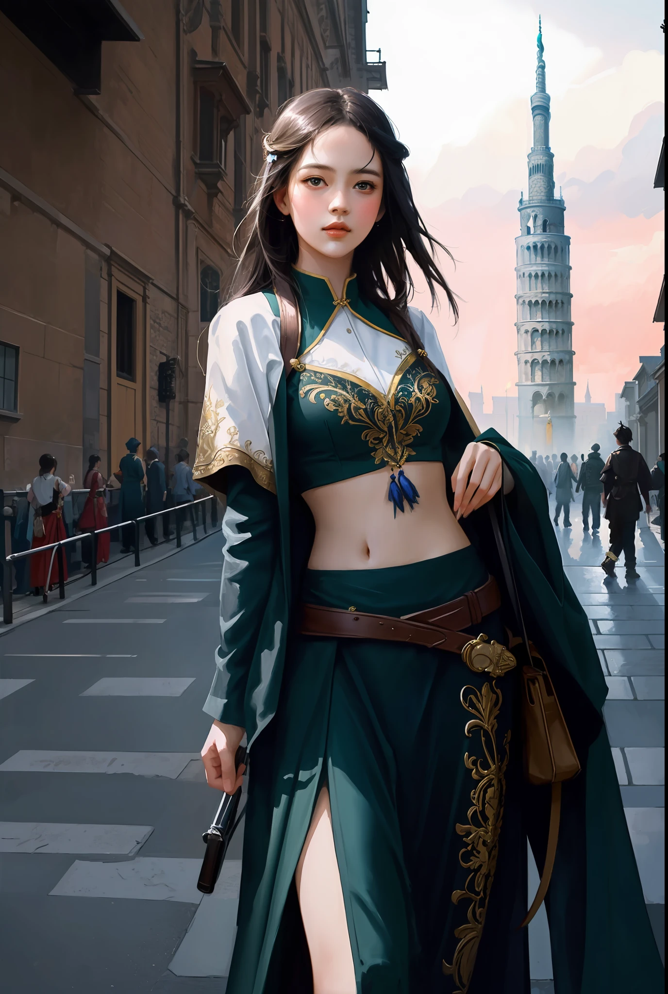 modelshoot style, (extremely detailed CG unity 8k wallpaper),full shot body photo of the most beautiful artwork in the world, stunningly beautiful photo realistic cute women intricately detailed costume, navel,(Leaning Tower Of Pisa background), professional majestic oil painting by Ed Blinkey, Atey Ghailan, Studio Ghibli, by Jeremy Mann, Greg Manchess, Antonio Moro, trending on ArtStation, trending on CGSociety, Intricate, High Detail, Sharp focus, dramatic, photorealistic painting art by midjourney and greg rutkowski