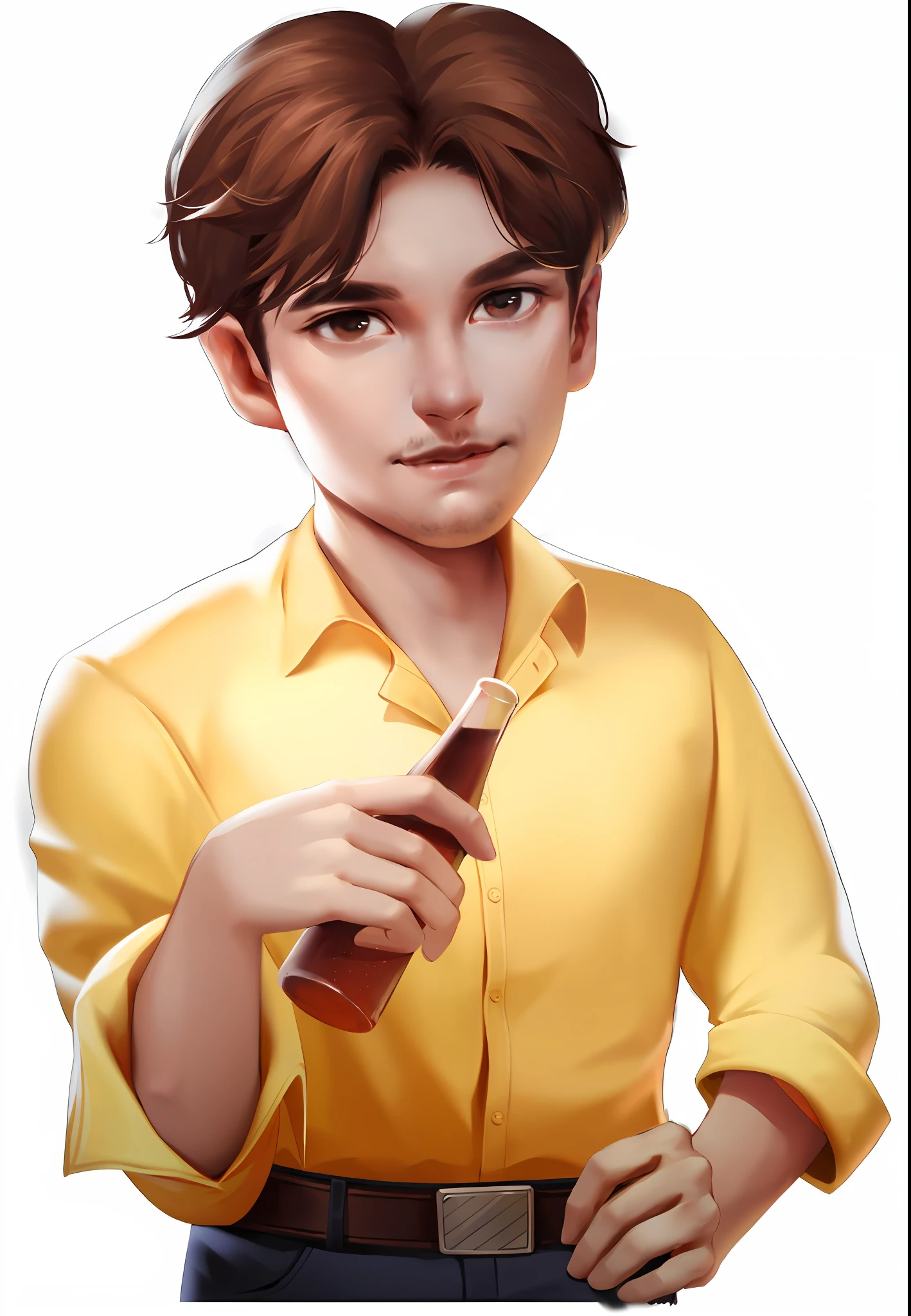 Realistic, (masterpiece, top quality, best quality, official art), very detailed, colorful, most detailed, handsome man, yellow shirt, wine bottle in hand, Lei Jiayin --auto