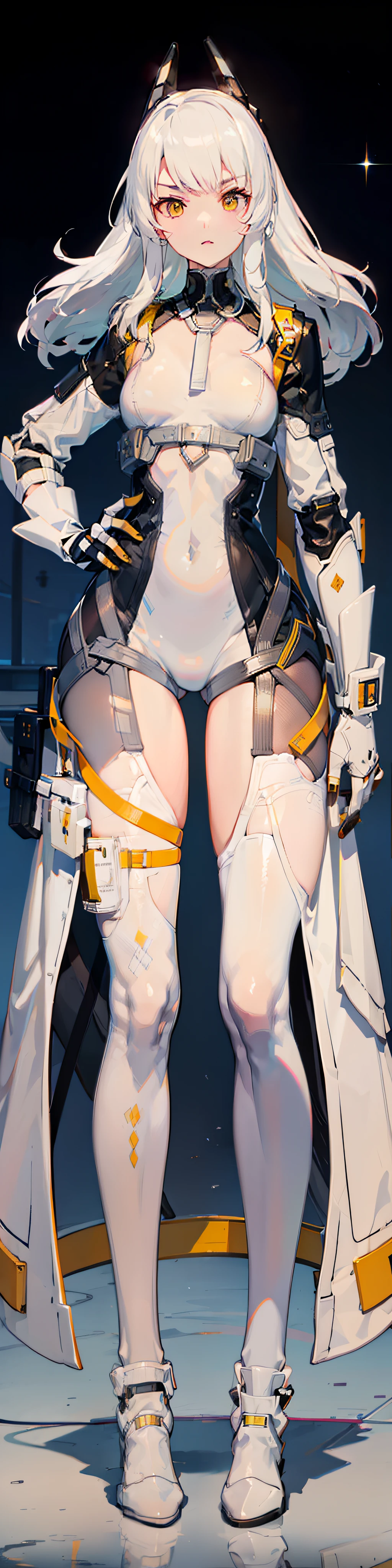 Full body picture, white hair, white clothes, white stockings, white knee socks, white coat