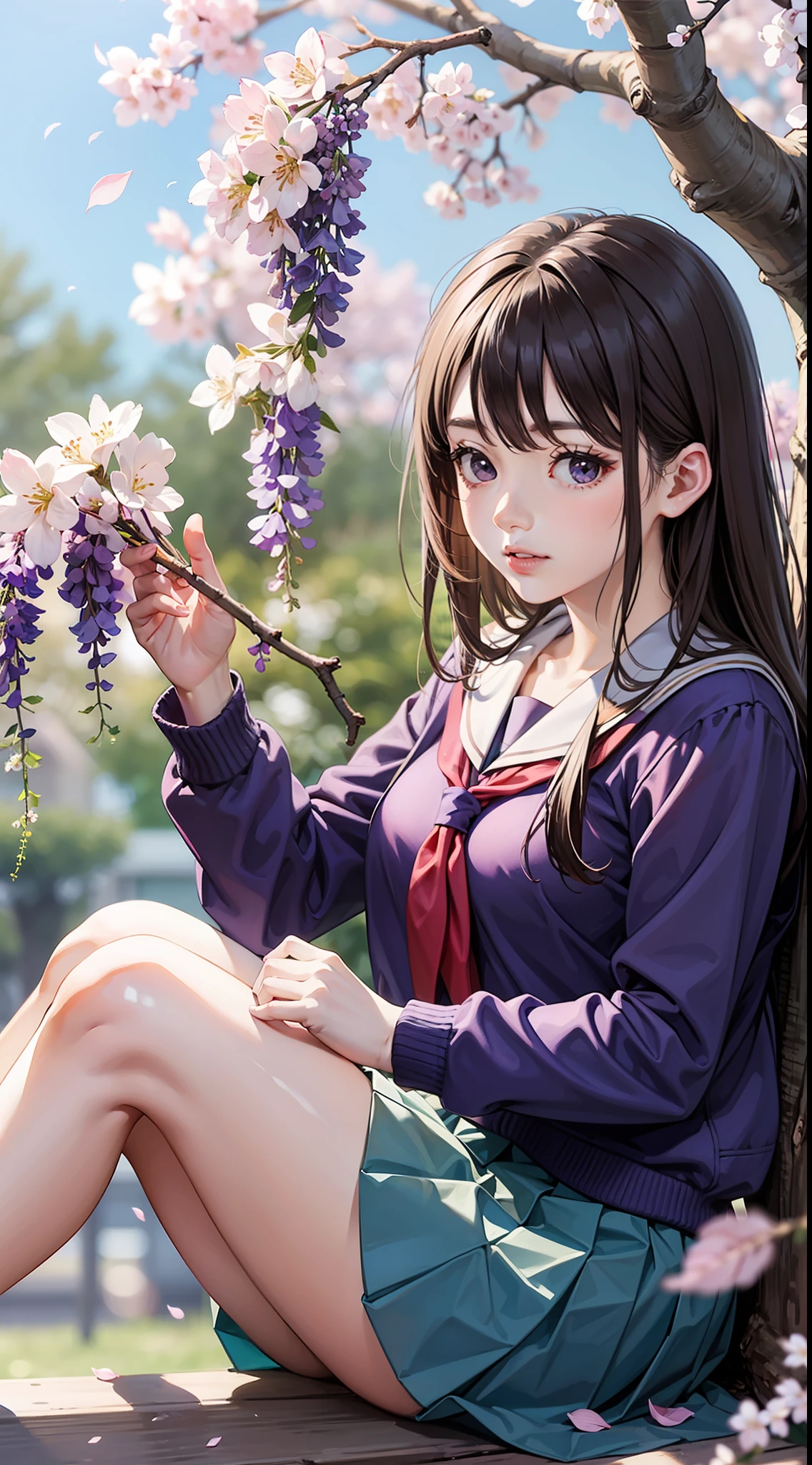 bare_tree, branch, cherry_blossoms, tree, in_tree, petals, spring_\(season\), wisteria, sitting_in_tree, hanami, school_uniform, 1girl, serafuku, winter, solo, outdoors, under_tree, against_tree, skirt, day, lips, snow, nature, sky