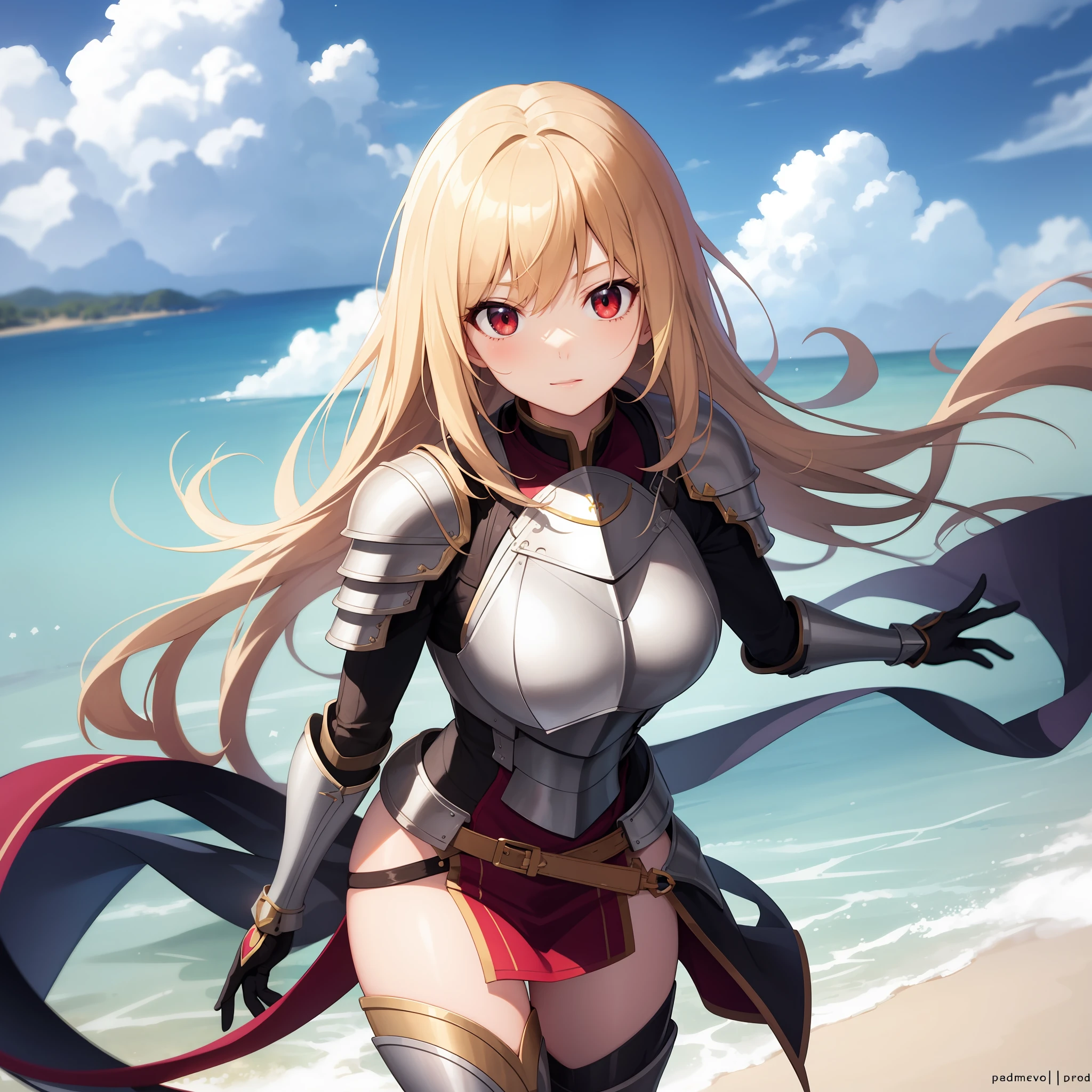 anime, girl single, blonde, red eyes, solo, armor,