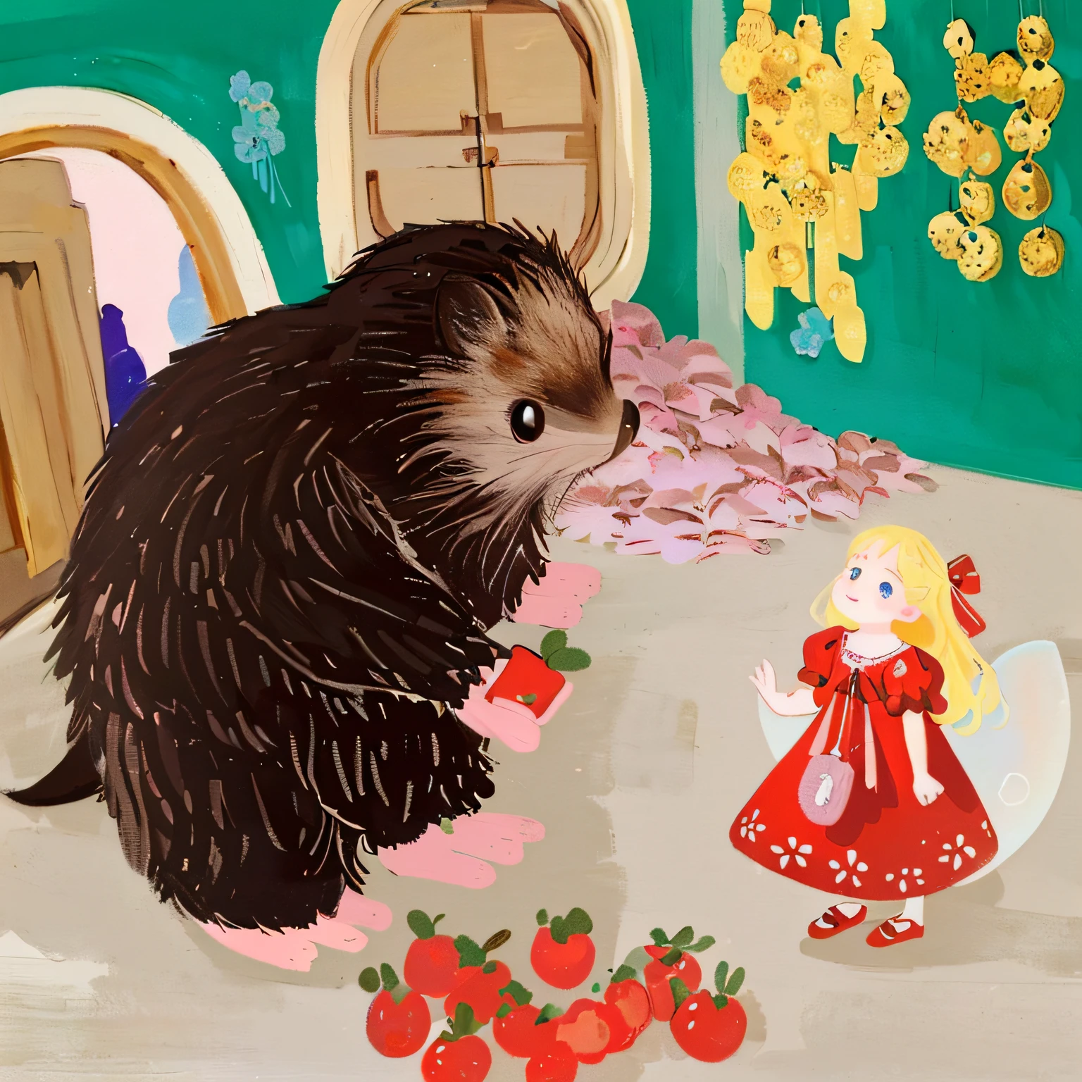 There is a painting of a little girl and a hedgehog in a red dress next to it with food, children's book illustration, cute storybook illustration, storybook illustration, children's book illustration, children's book illustration, children's book illustration, children's book illustration, children's book illustration, fairy tale illustration, children's illustration