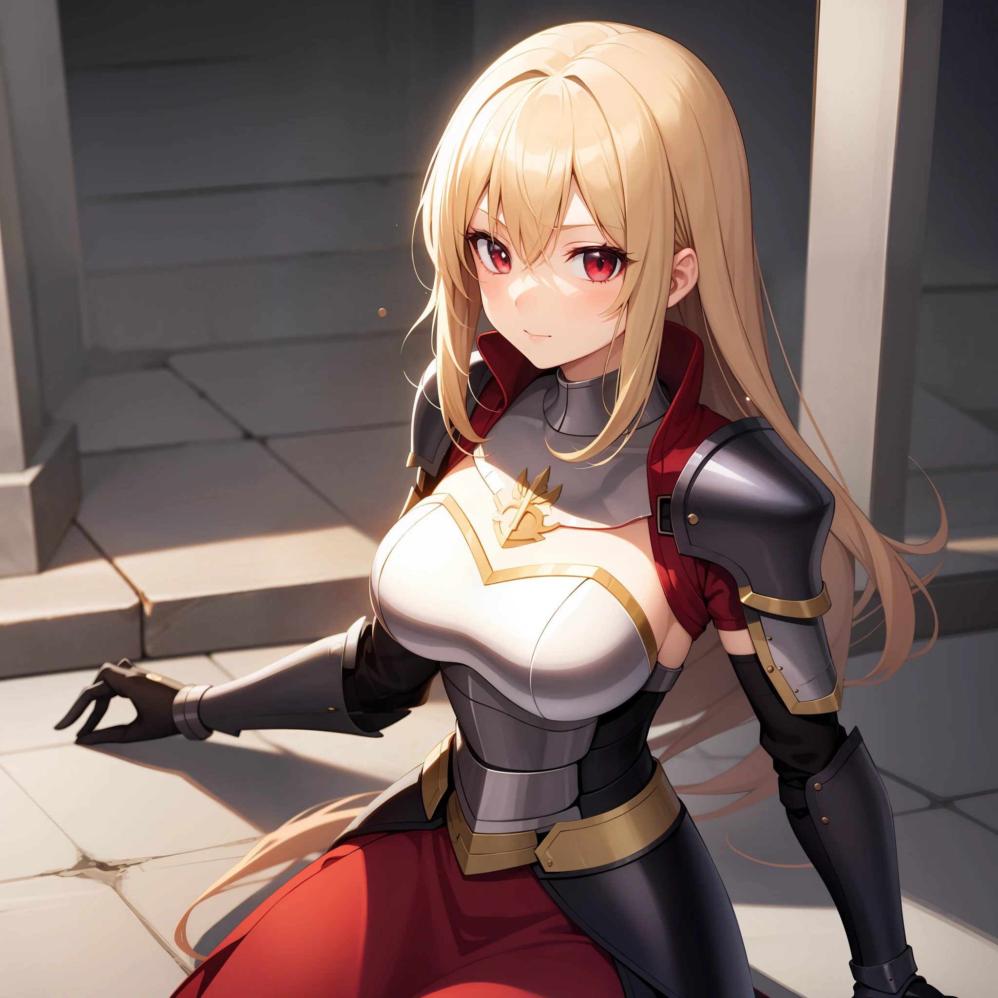 anime, girl single, blonde, red eyes, solo, armor,