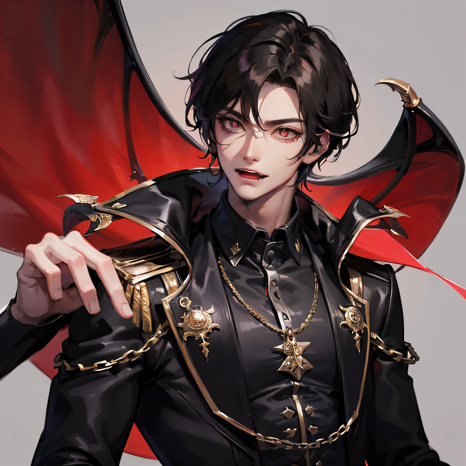 Absurd, high resolution, super detailed), 1 male, adult, handsome, tall muscular man, broad shoulders, black suit, scarlet eyes and delicate face, black hair, fantasy, vampire, fangs, fangs