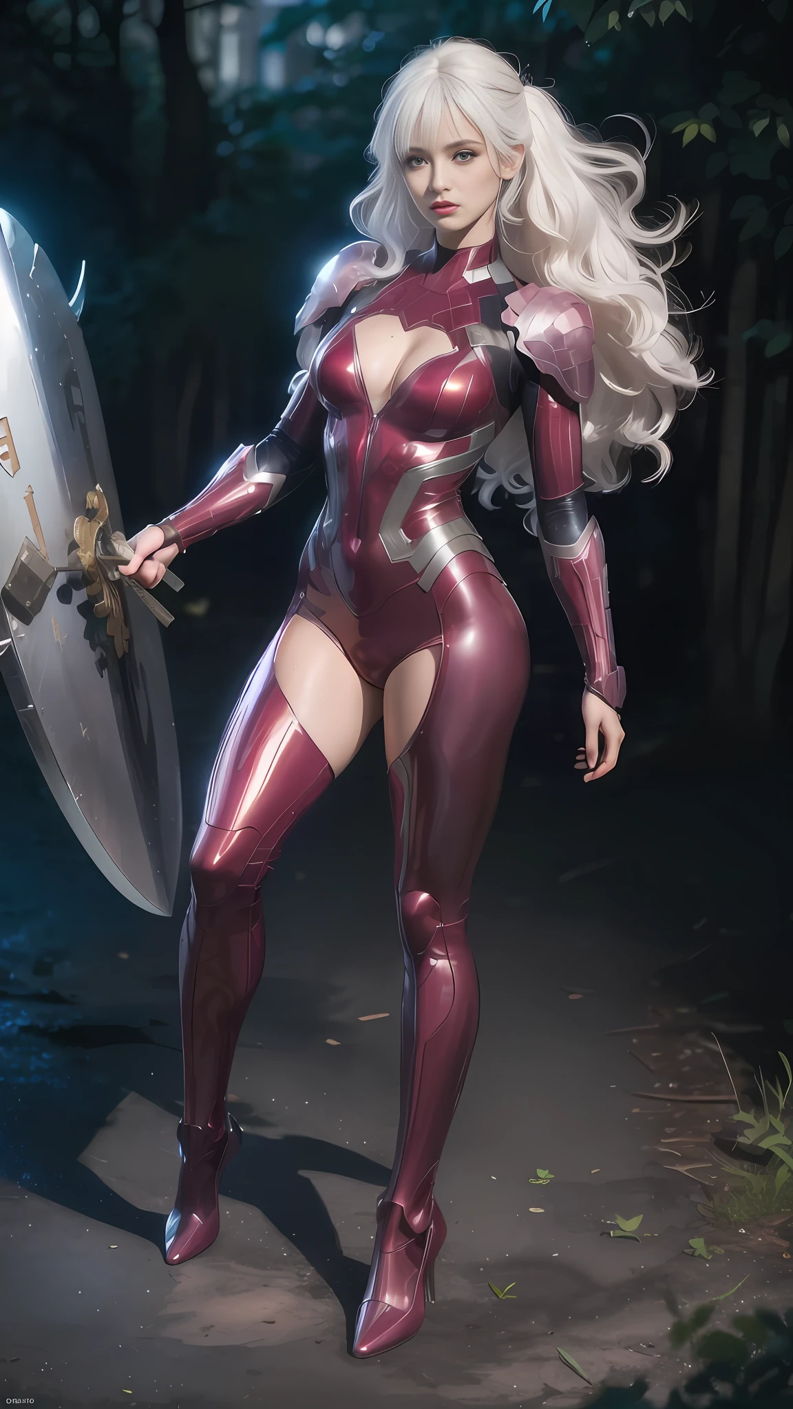 Close-up of a woman holding a sword in a red latex suit, dark eyeshadow, smooth pink armor, lady in red armor, streamlined pink armor, PVC armor, shiny plastic armor, wearing witch's blade armor, sharp silver armor fuchsia skin, silver armor and red clothes, bikini armor female knight, armor girl, stunning armor, Amiras as a supervillain