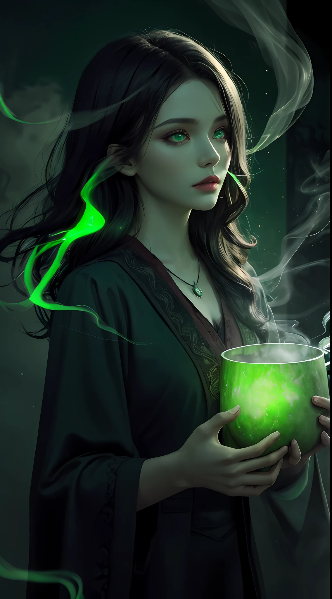 1 beautiful witch, intricate and beautiful design, black hair, highly detailed face, triangular face, natural makeup, green eyes, shiny lips, (making poison with cauldron and green smoke, green lights, green glowing particles, green spacial effects, at night), foggy, shadowy, eerie, dark, dramatic lighting, cinematic lighting, ultra-realistic, highest quality, super detail
