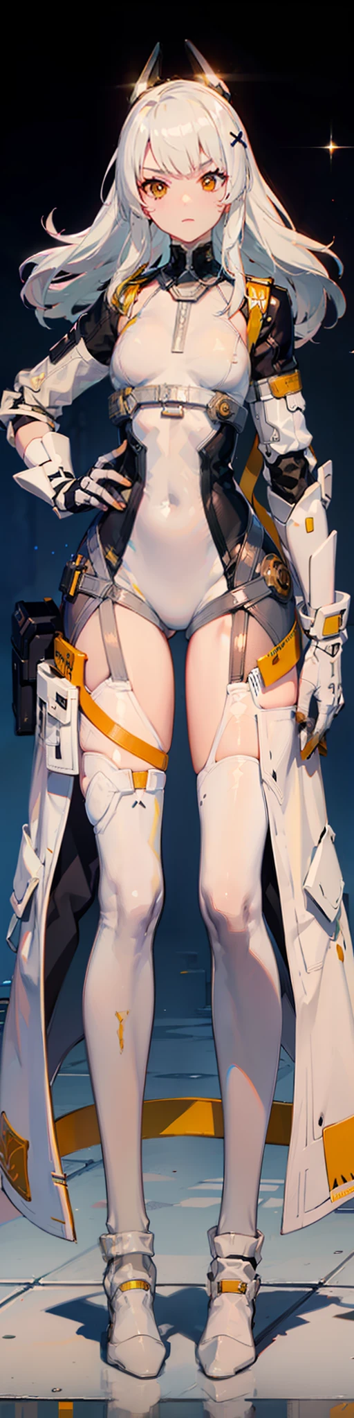 Full body picture, white hair, white clothes, white stockings, white knee socks, white coat