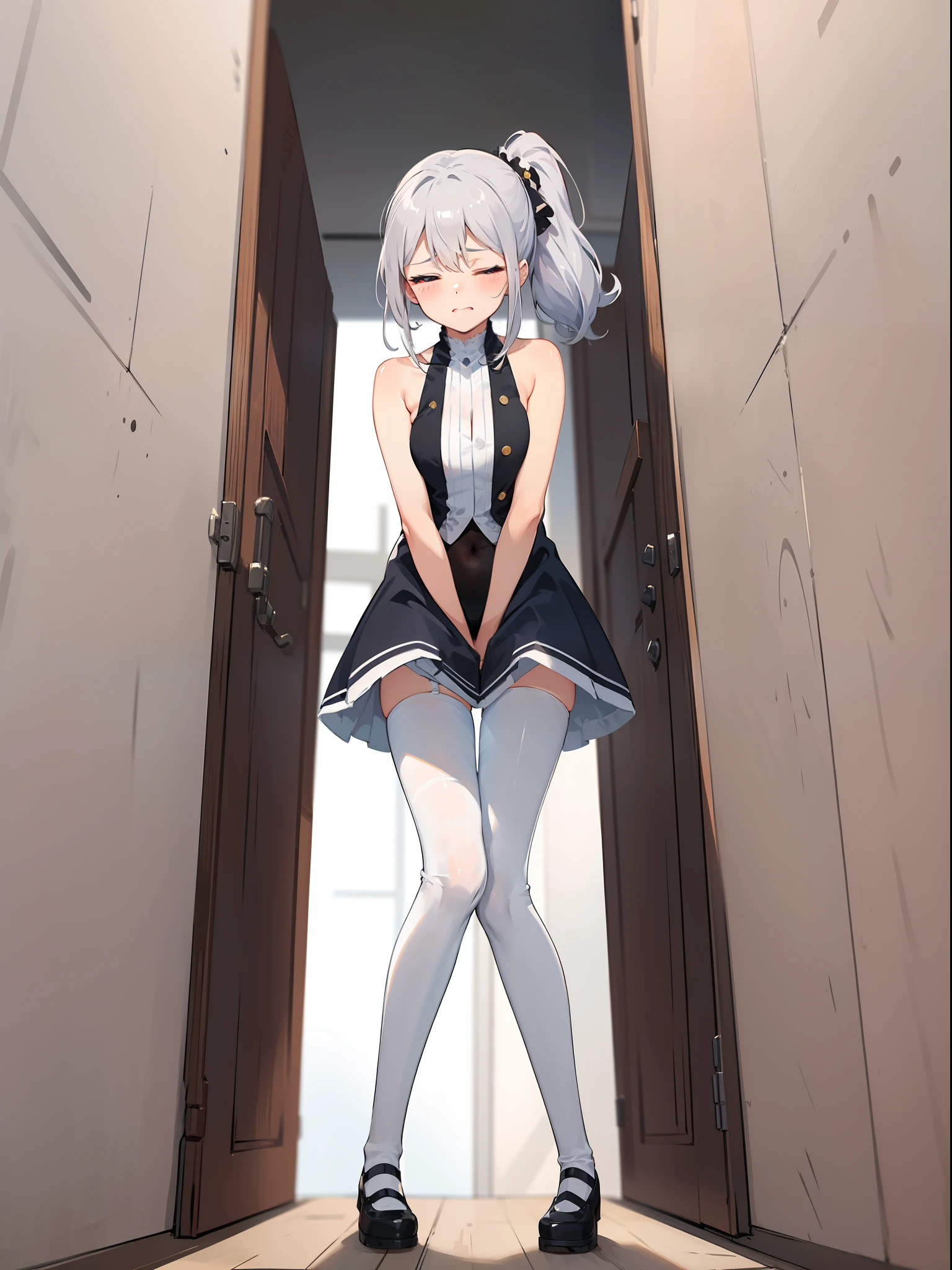 (Perspective Drawing), (Highest Quality), Glamorous, Rich Detail, Reality, (1girl:0.7), Girly, Cute, ((Silver Hair)), Two-dimensional, Long ponytail, Light Red Eyes, Red Hairpin, Sleeveless, Bare Shoulders, (Tights), (Navel)), Fidgeting, Legs Clamped, Holding Wall, (Incontinence), ((Eyes Closed)), (White Stockings), (Anxious), Blushing, (from below)