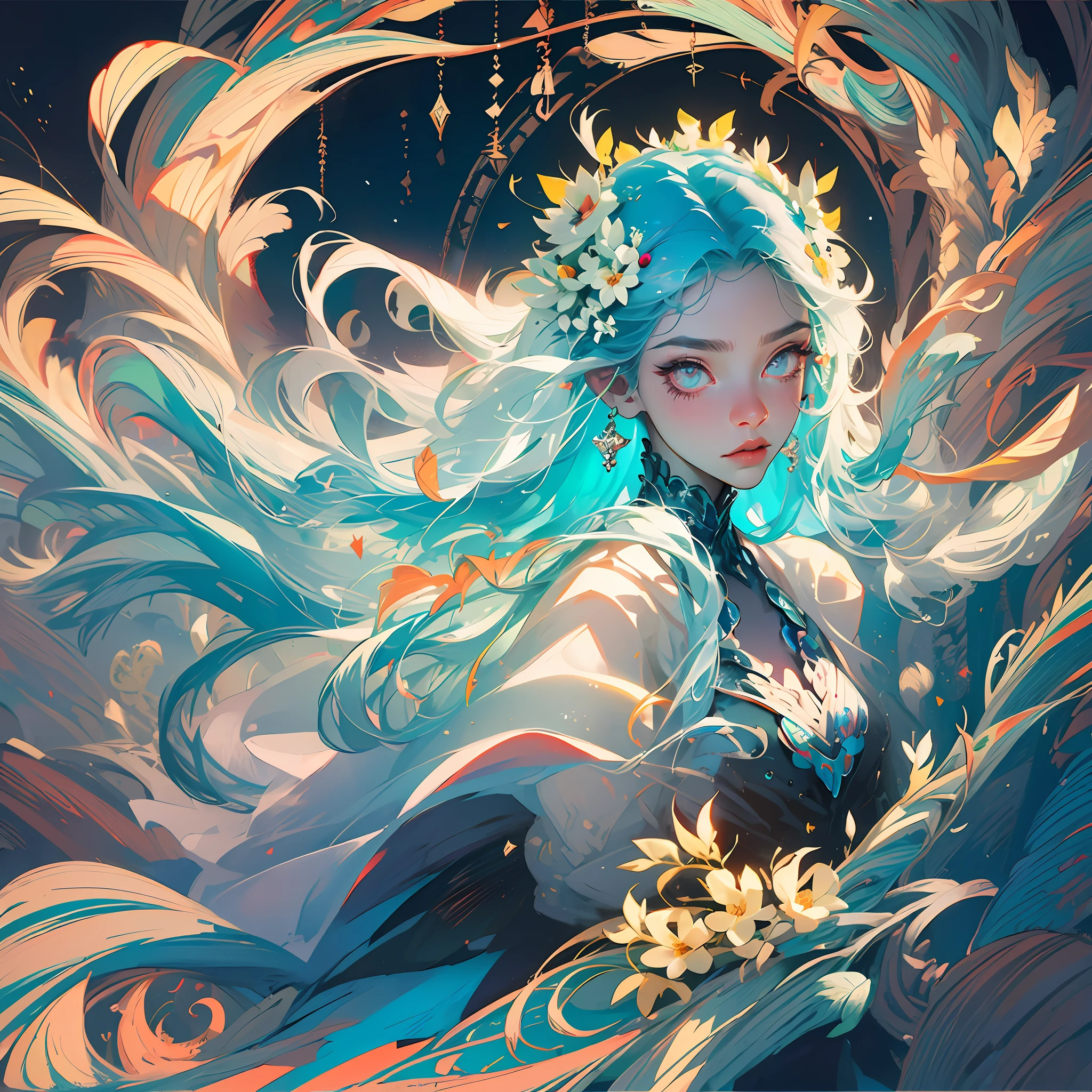 (Masterpiece, Top Quality, Best Quality, Official Art, Beautiful and Aesthetic: 1.2), (1 Girl: 1.3), Very Detailed, White (Fractal Art: 1.1), (Flower: 1.3), Supreme Detail, (Zentangle: 1.2), (Dynamic Pose), (Abstract Background: 1.3), (Glossy Skin), (Many Colors: 1.4), (Earrings), (Feathers: 1.5), (Magic Effects: 1.3) , jewels, long dress sleeves, long hair, wrapped in light, vivid background, phoenix dress, vivid eyes, panda ears, morning light