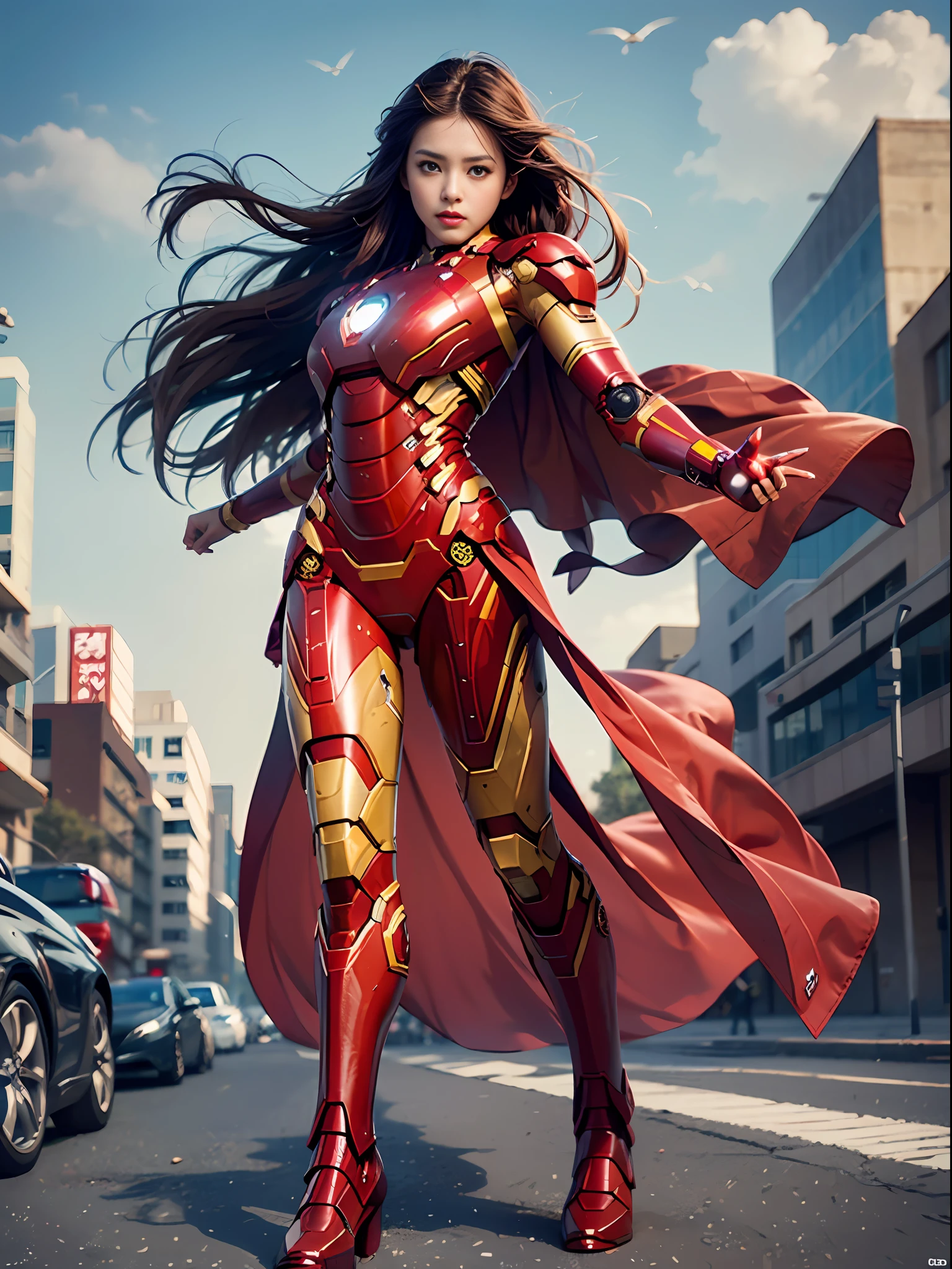 Ultra fine photography,, Best quality, Ultra High Definition, Natural light, Full body portrait, (Amazingly beautiful young Nikkei beauty),(Semi-long hair in dark brown and in the wind), Dynamic pose, Beautiful egg-shaped face, Brilliant eyes, Front view, ((Iron Man high-cut costume, no head mask)),Urban street, Detailed face,((Big)),High Detail Skin, Realistic skin details, visible pores, Sharp Focus, 8K UHD, Digital, High Quality, Fair Skin, View from Below,