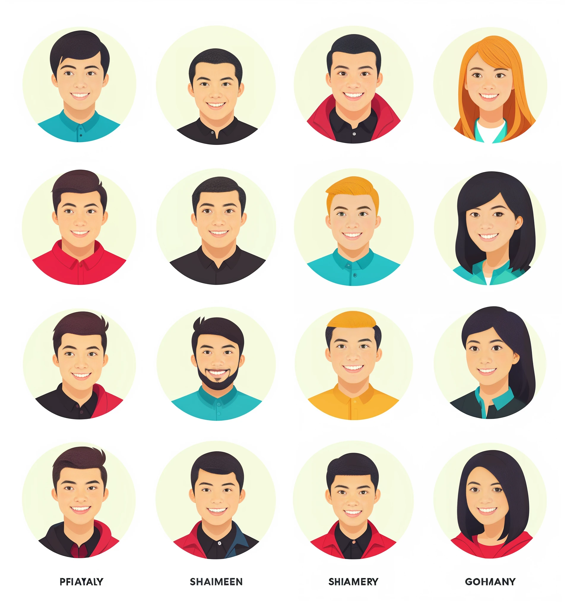 Group of men with different facial expressions and hairstyles, asian yellow skin, men, different outfits, professional profile pictures, Whitney Sherman, high quality portraits, cartoon style illustrations, diverse faces, character faces, highly detailed characters, medium portraits, detailed people, colorful character faces, cartoon illustrations, website avatars, detailed realistic smiley faces, by Aya Goda