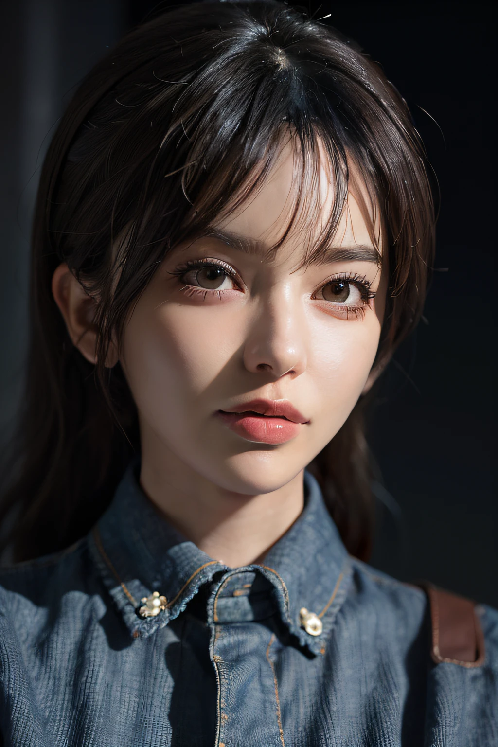Surrealistic female portraits by David Hockney and Alphonse Mucha, fantasy art, photorealism, dynamic lighting, artstation, poster, volumetric lighting, very detailed faces, 4k, award-winning, 1girl, in the dark, deep shadows, understated, denim photos, (formal wear: 1.4), long hair, gray hair, bust photos, stunning face, delicate makeup, sexy body