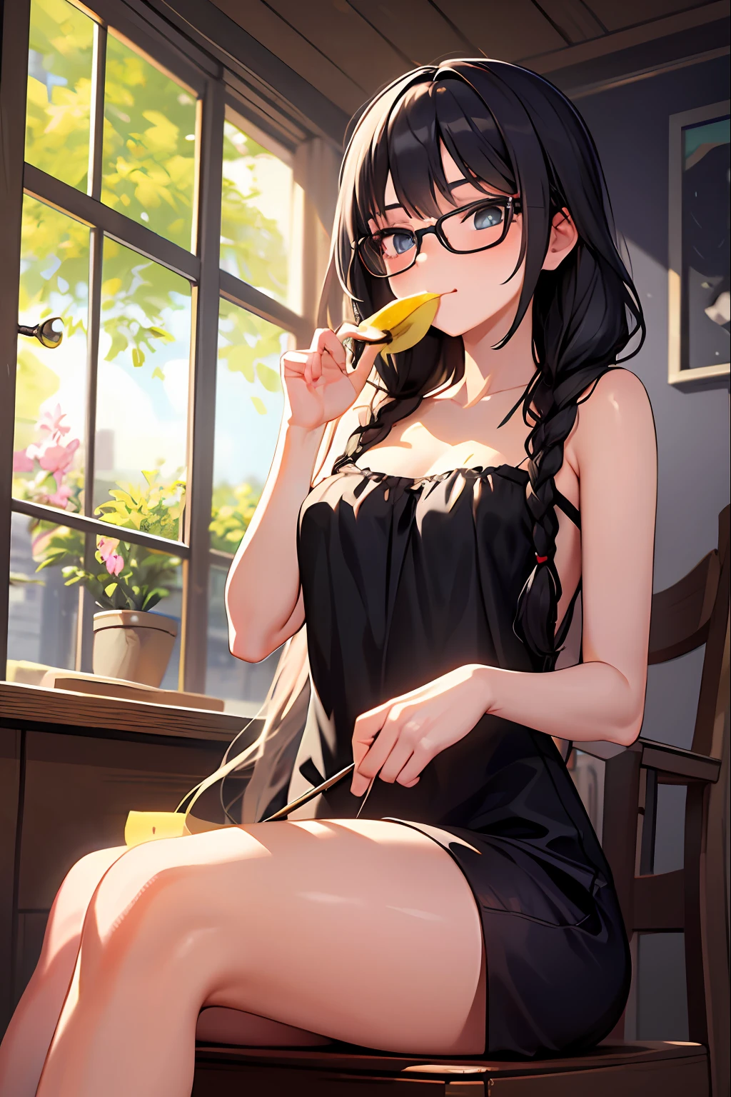 Masterpiece, best quality, 1 girl, long hair, glasses, banana eating, seduction, feminine expression, braids