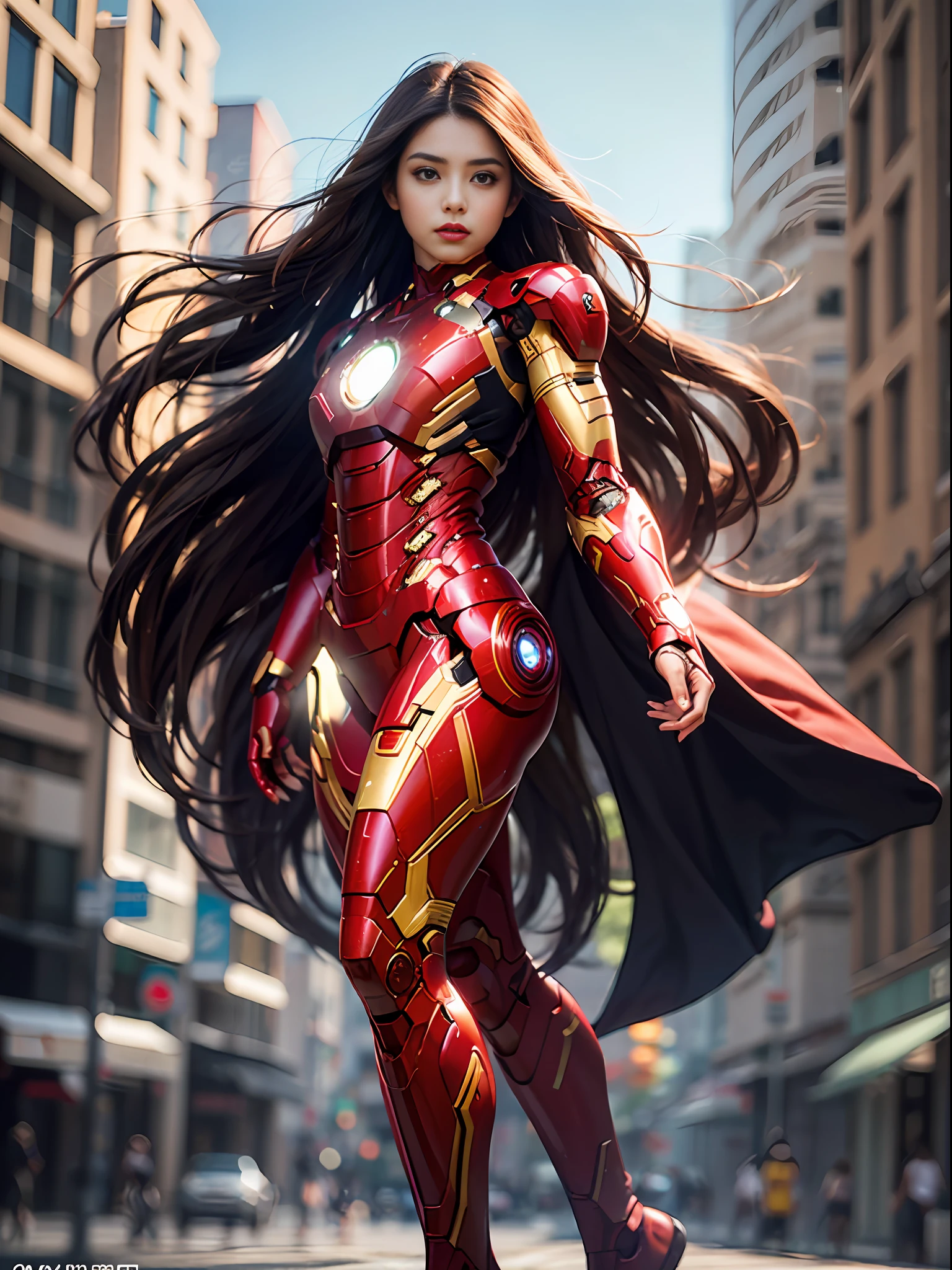 Ultra fine photography,, Best quality, Ultra High Definition, Natural light, Full body portrait, (Amazingly beautiful young Nikkei beauty),(Semi-long hair in dark brown and in the wind), Dynamic pose, Beautiful egg-shaped face, Brilliant eyes, Front view, ((Iron Man high-cut costume, no head mask)),Urban street, Detailed face,((Big)),High Detail Skin, Realistic skin details, visible pores, Sharp Focus, 8K UHD, Digital, High Quality, Fair Skin, View from Below,