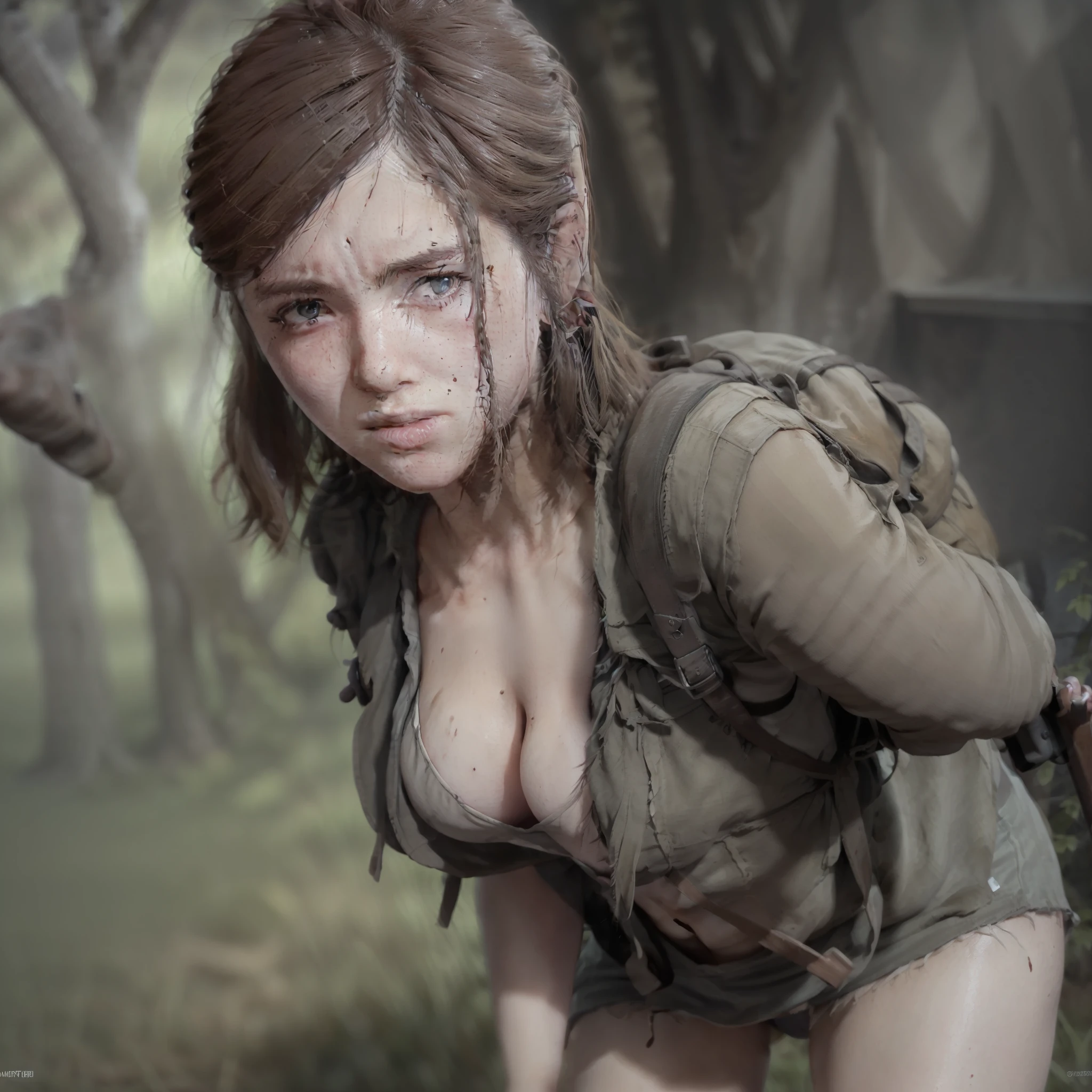 (Best quality, 8k, 32k, Masterpiece, UHD:1.2),Photo of western woman, brown short hair,beauty face,(leaning forward:1.3), on her knees, pov, 18 years old girl, large breasts,(beautiful nipple slip:0.9),cleavage, shiw cleavage, outdoors, post apocalyptic, windy,shiny skin,blurry background, Ellie, ellie the last of us, ellie William l, tlou, the last of us Ellie, bruised mark on skin and thighs, butt expose, from behind, extreme light, holding gun, angry face, best proportion body, skinny, lewd, sexy, skimpy short, pink backpack.
