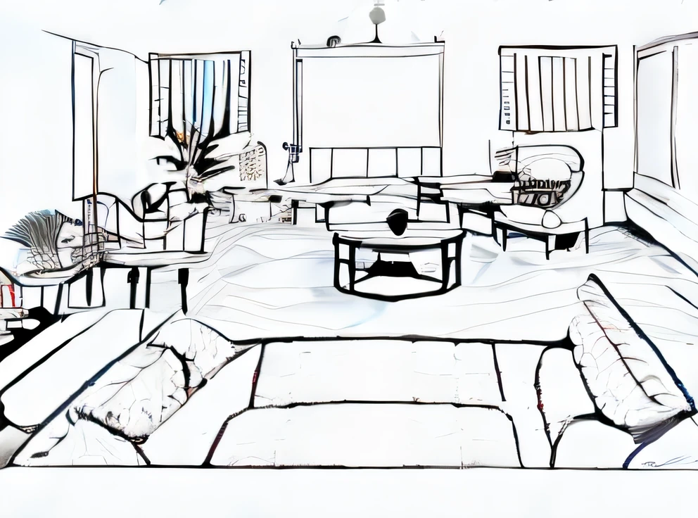 a sketch of a living room with a couch and a coffee table, in a living room, an interior of room, location in a apartment, the living room, black and white illustration, anxiety environment, black and white drawing, living room background, in a room, stock illustration, coloring book page, flat drawing, realistic line drawing, couches melting, dirty apartment