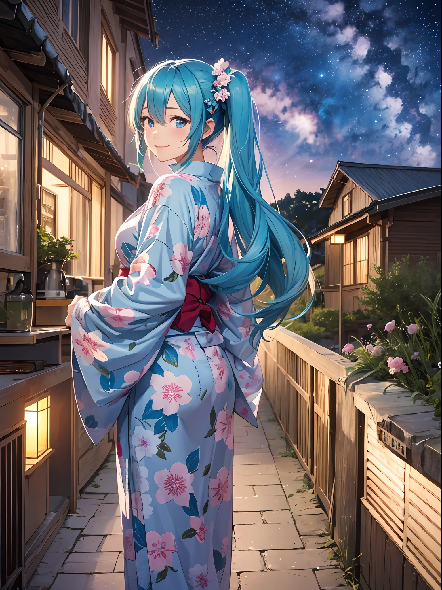 Top quality, photorealistic, ultra-fine illustration, beautiful attractive anime girl, Hatsune Miku, slender, tied hair, smile, one girl, photo of girl in yukata, full body, beautiful blue eyes, looking back, milky way, summer night, yukata, zori,