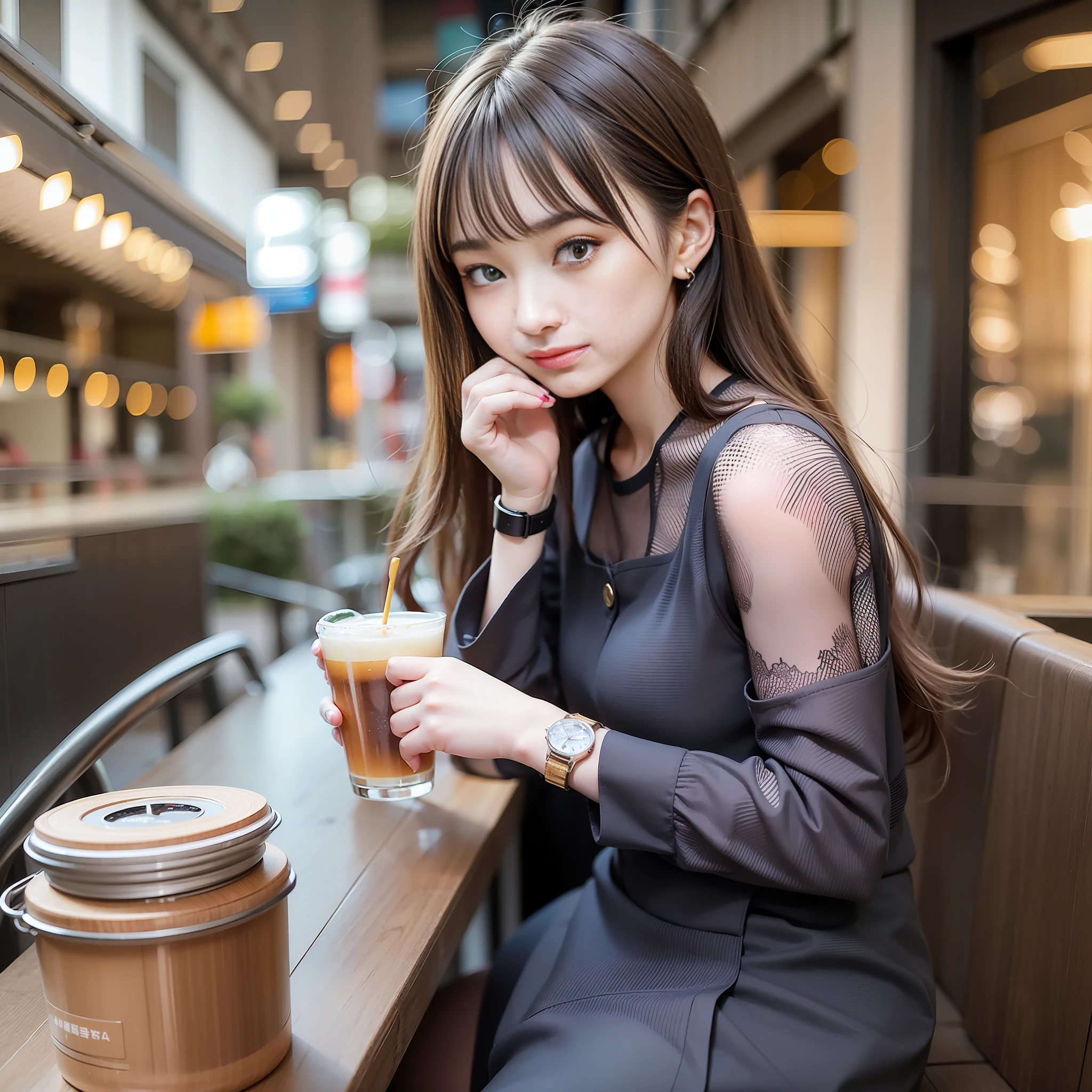 Cute girl looking at watch, worrying about time, fashionable café