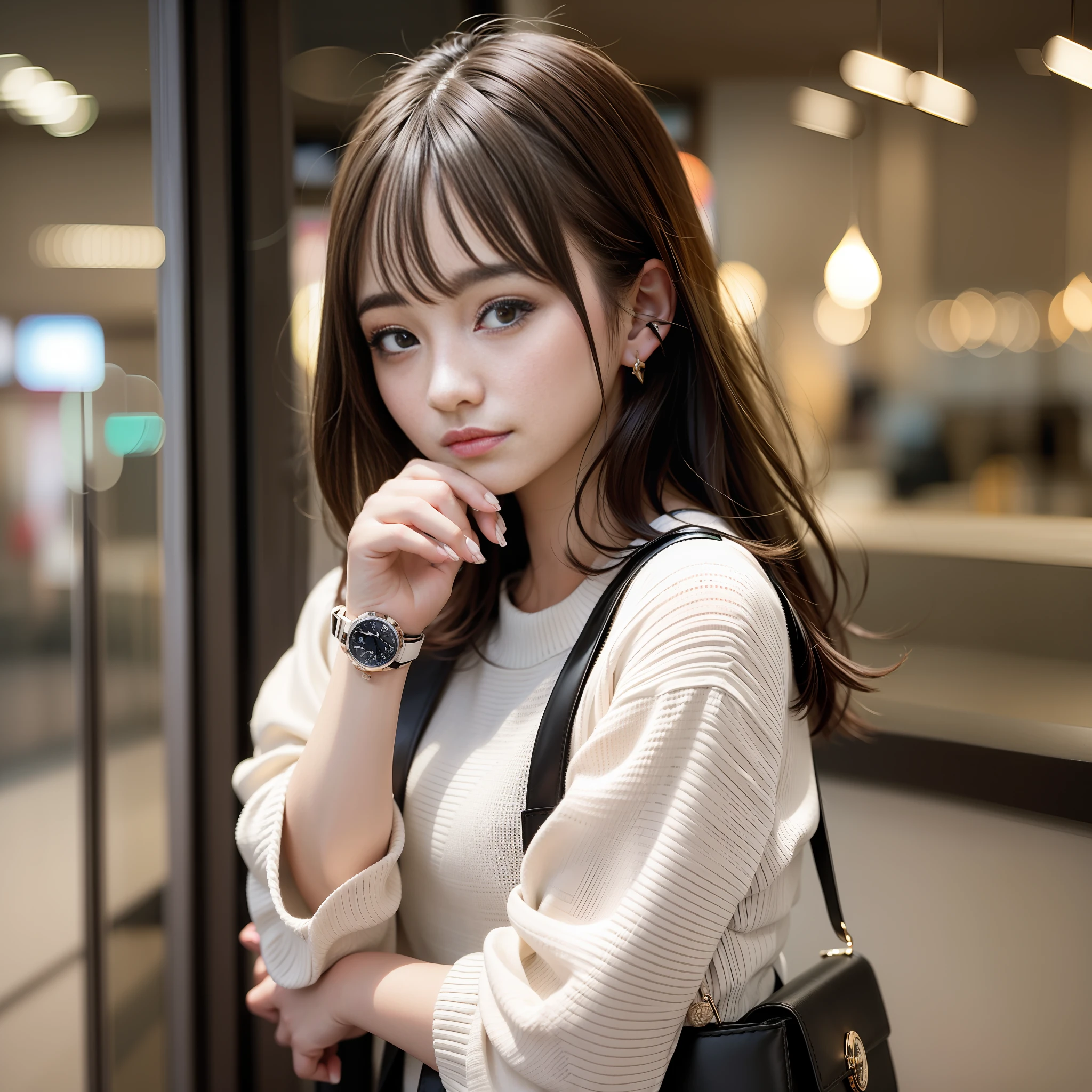 Cute girl looking at watch, staring at watch, gaze on clock, worrying about time, fashionable café