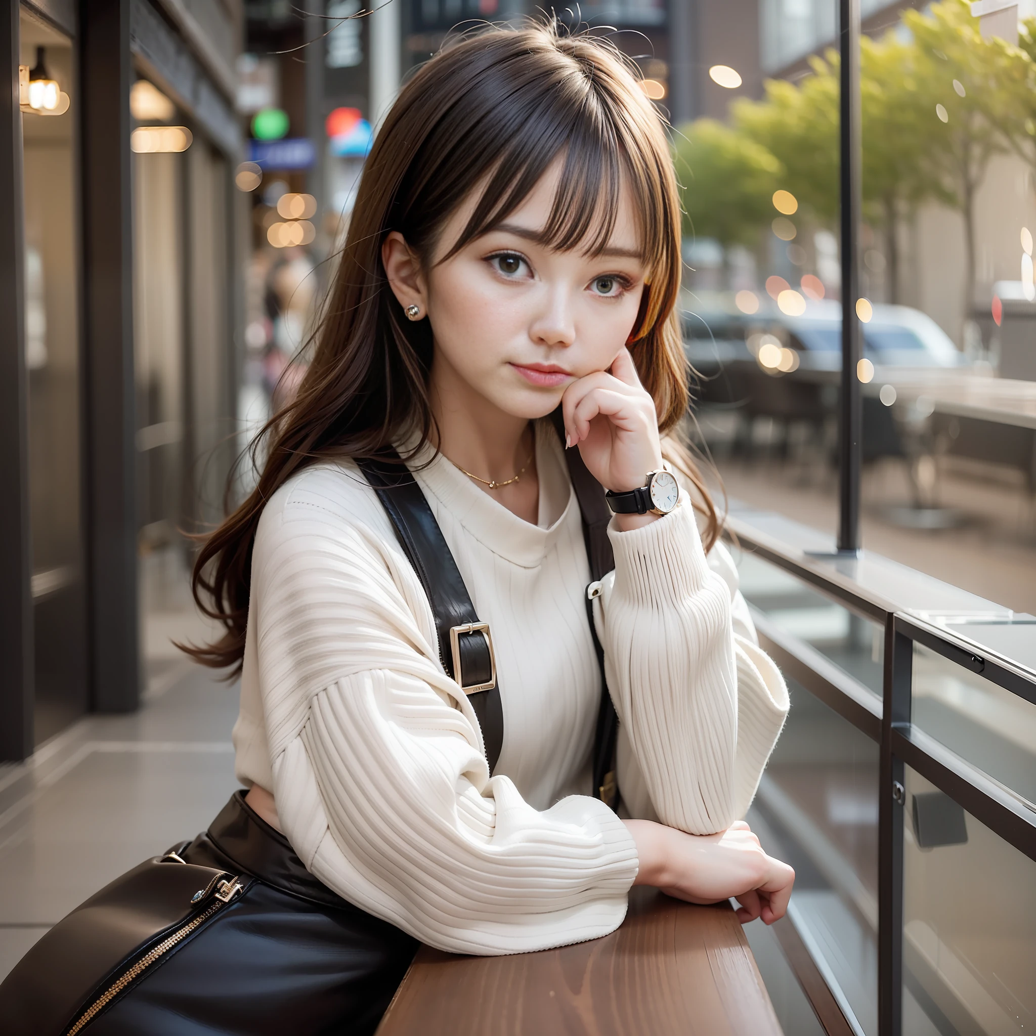 Cute girl looking at watch, staring at watch, gaze on clock, worrying about time, fashionable café