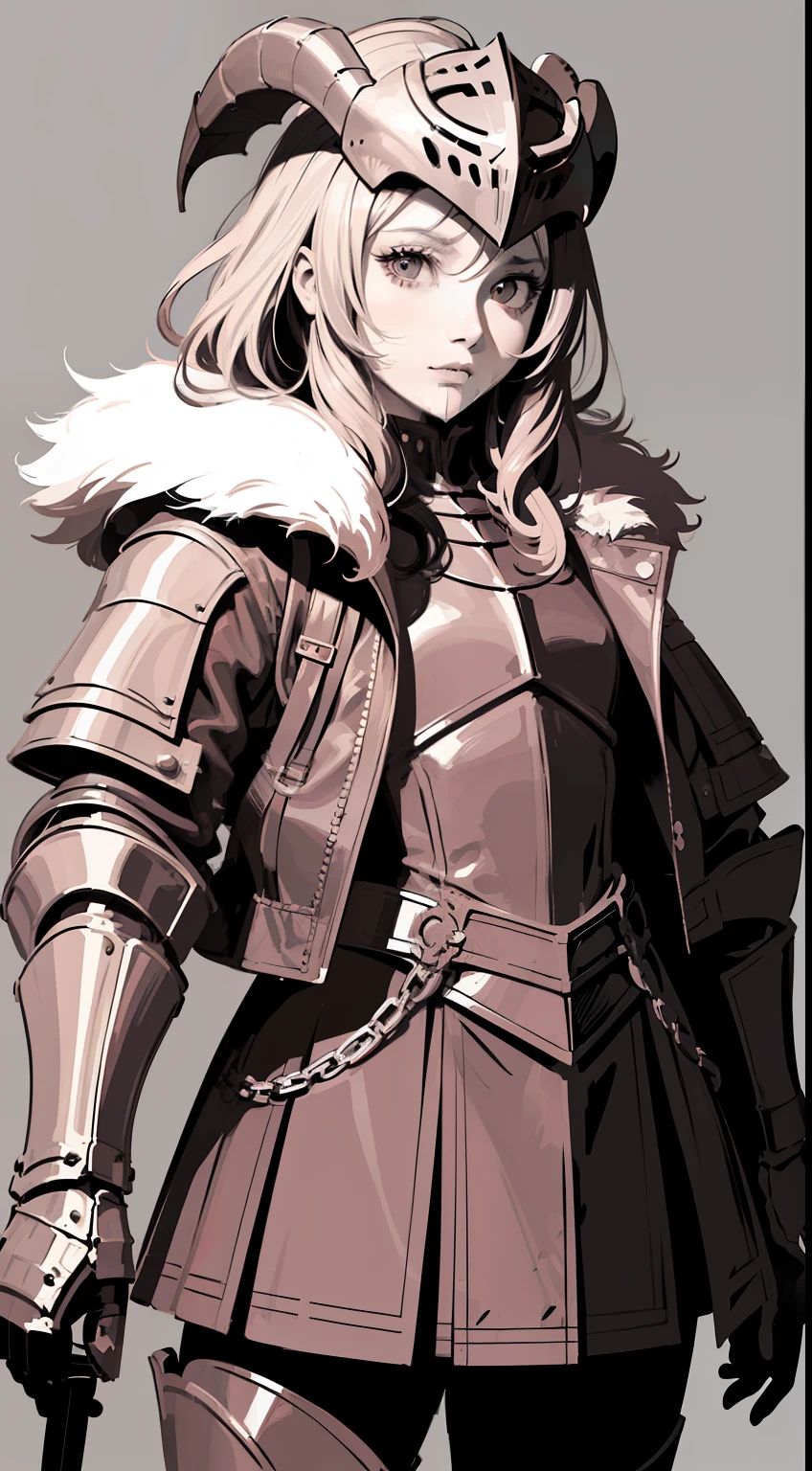(masterpiece),(best quality),(ultra-detailed),illustration,disheveled hair,Dynamic angle,solo,1girl,game character portrait,(colorful),(Fur jacket),(knight helmet covers face:1.4),standing,(argali horn:1.3),(chiaroscuro lighting:1.2),(flat color:1.5)