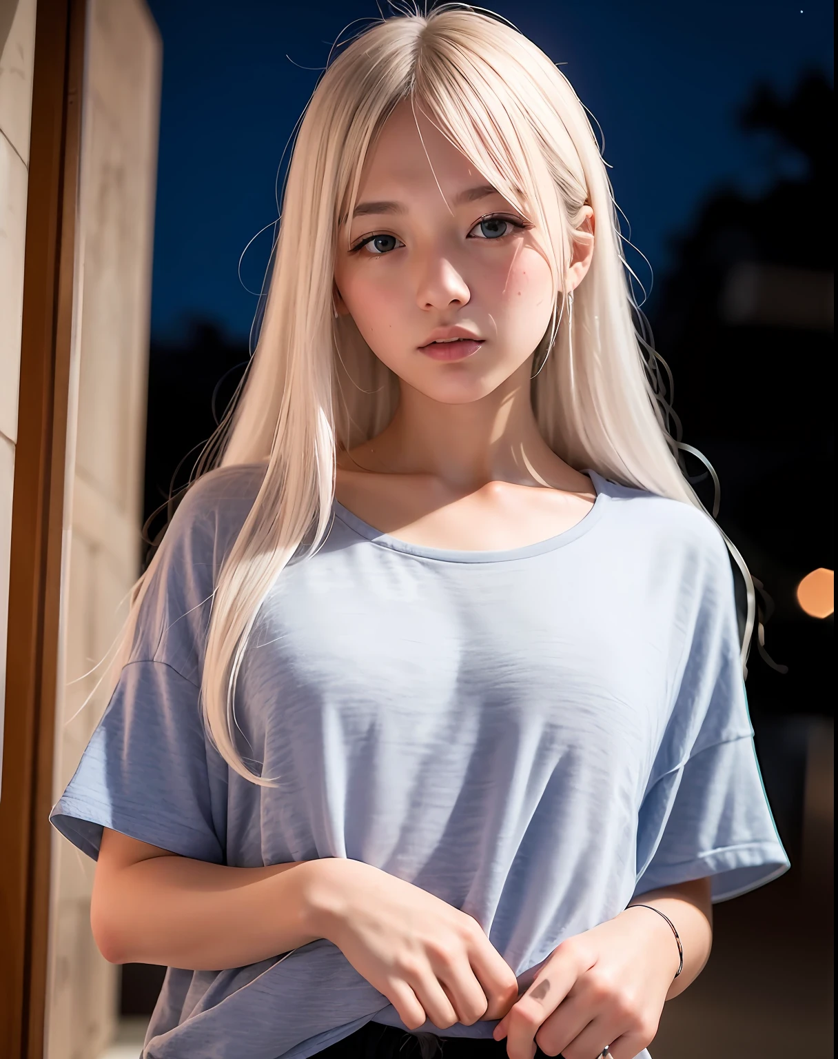 1 adolescent, blue eyes, white hair, best quality, photo, 4k, looking viewer, upper body, Japan, night