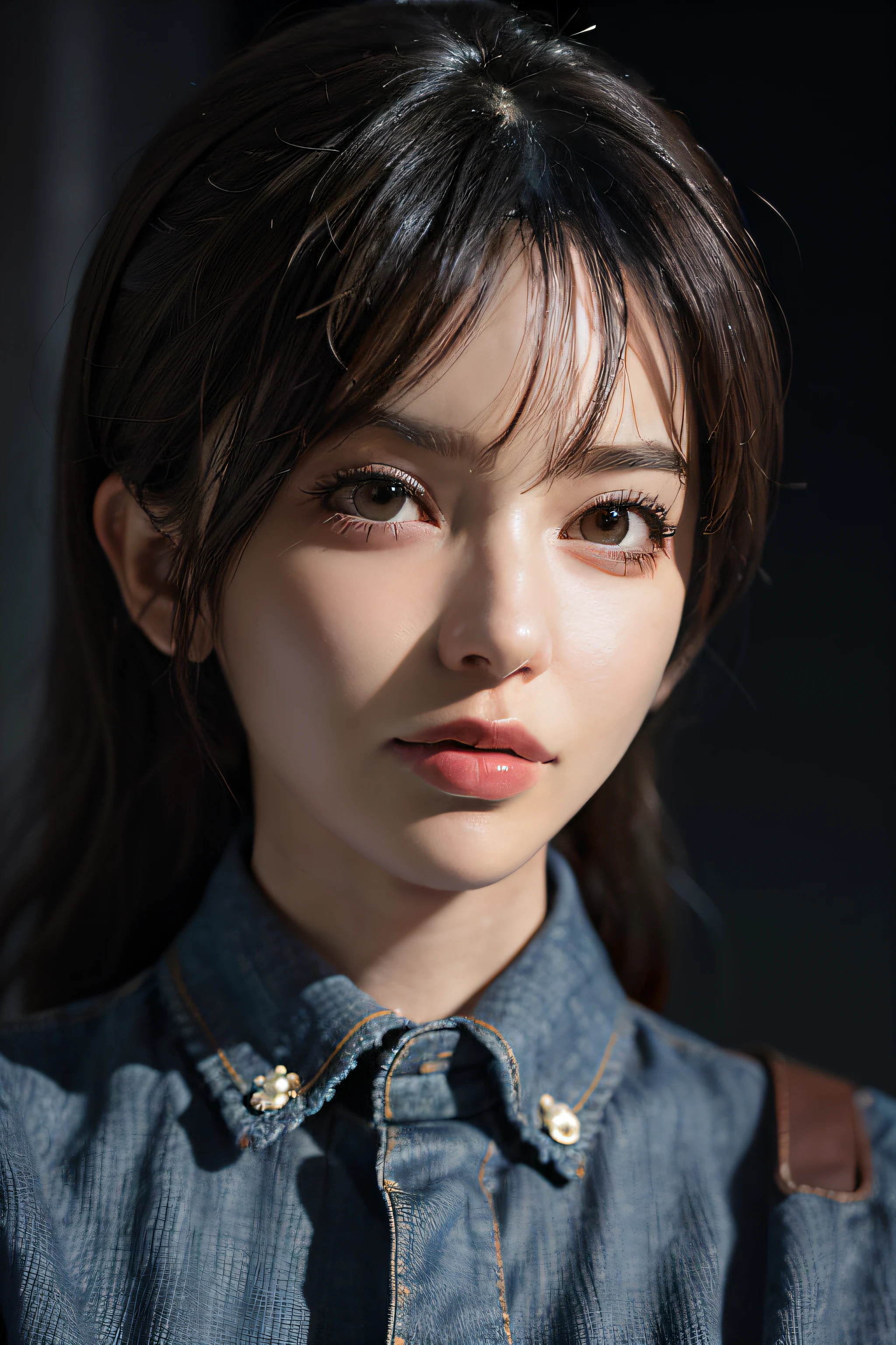 Surrealistic female portraits by David Hockney and Alphonse Mucha, fantasy art, photorealism, dynamic lighting, artstation, poster, volumetric lighting, very detailed faces, 4k, award-winning, 1girl, in the dark, deep shadows, understated, denim photos, (formal wear: 1.4), long hair, gray hair, bust photos, stunning face, delicate makeup, sexy body