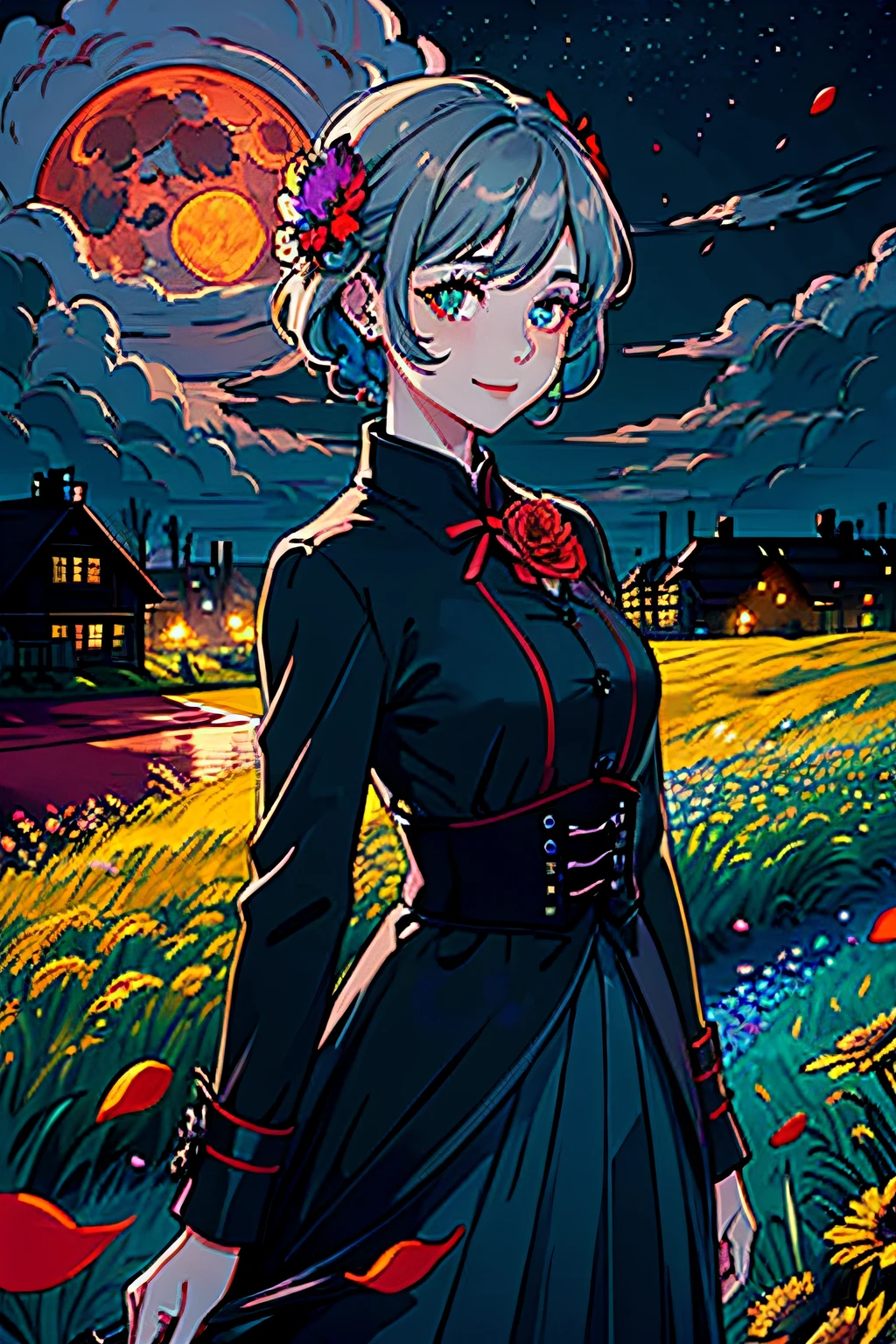 Masterpiece, top quality, one girl, (colorful), (colorful), (finely beautiful eyes and detailed face), cinematic lighting, bust shots, highly detailed CG Unity 8k wallpaper, gray hair, solo, smile, intricate skirt, (((flower petals)), (flower meadow), sky, cloudy sky, buildings, moonlight, red moon, night, (dark theme: 1.3), light, fantasy,