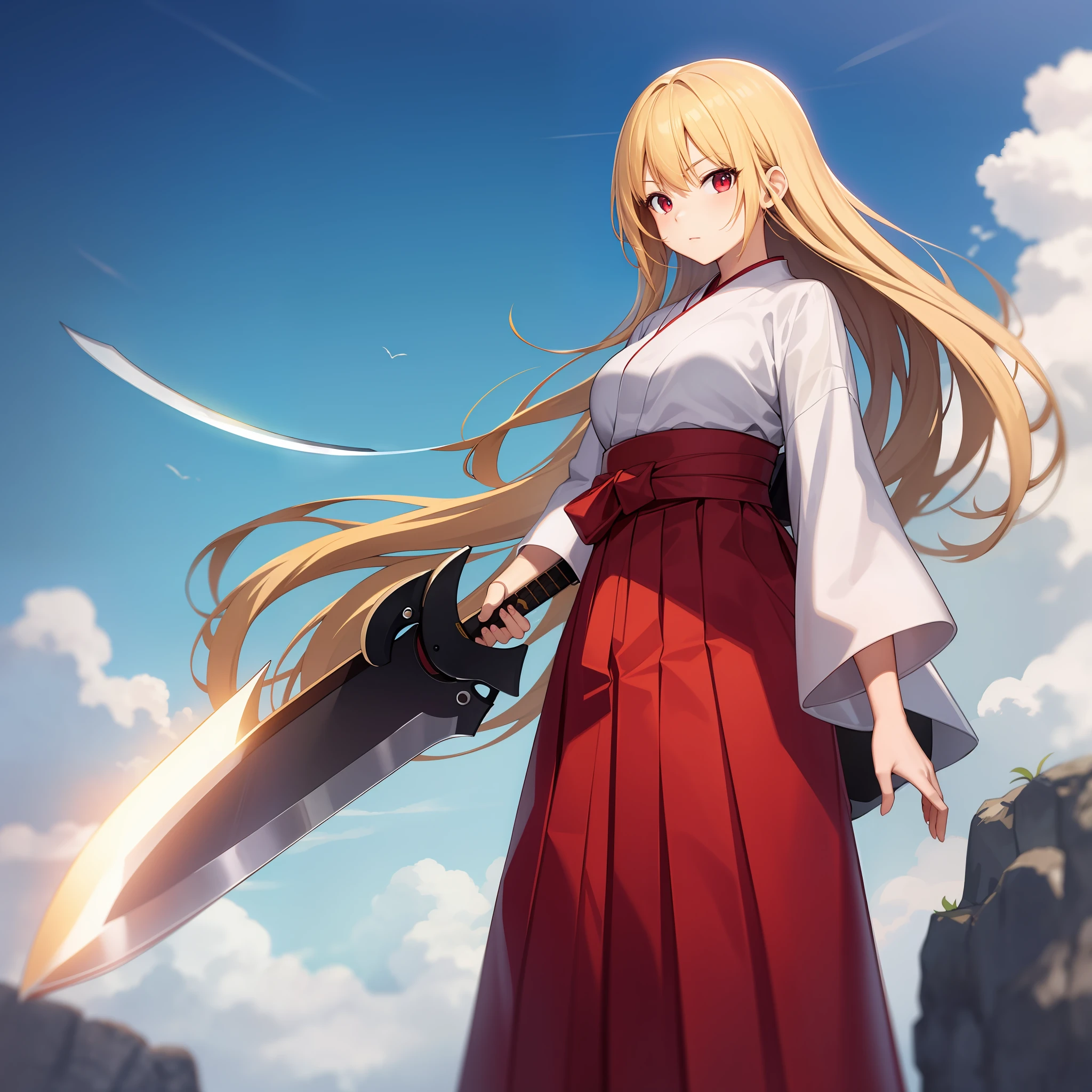 anime, girl alone, blonde, red eyes, solo, hakama, big sword, kawahara