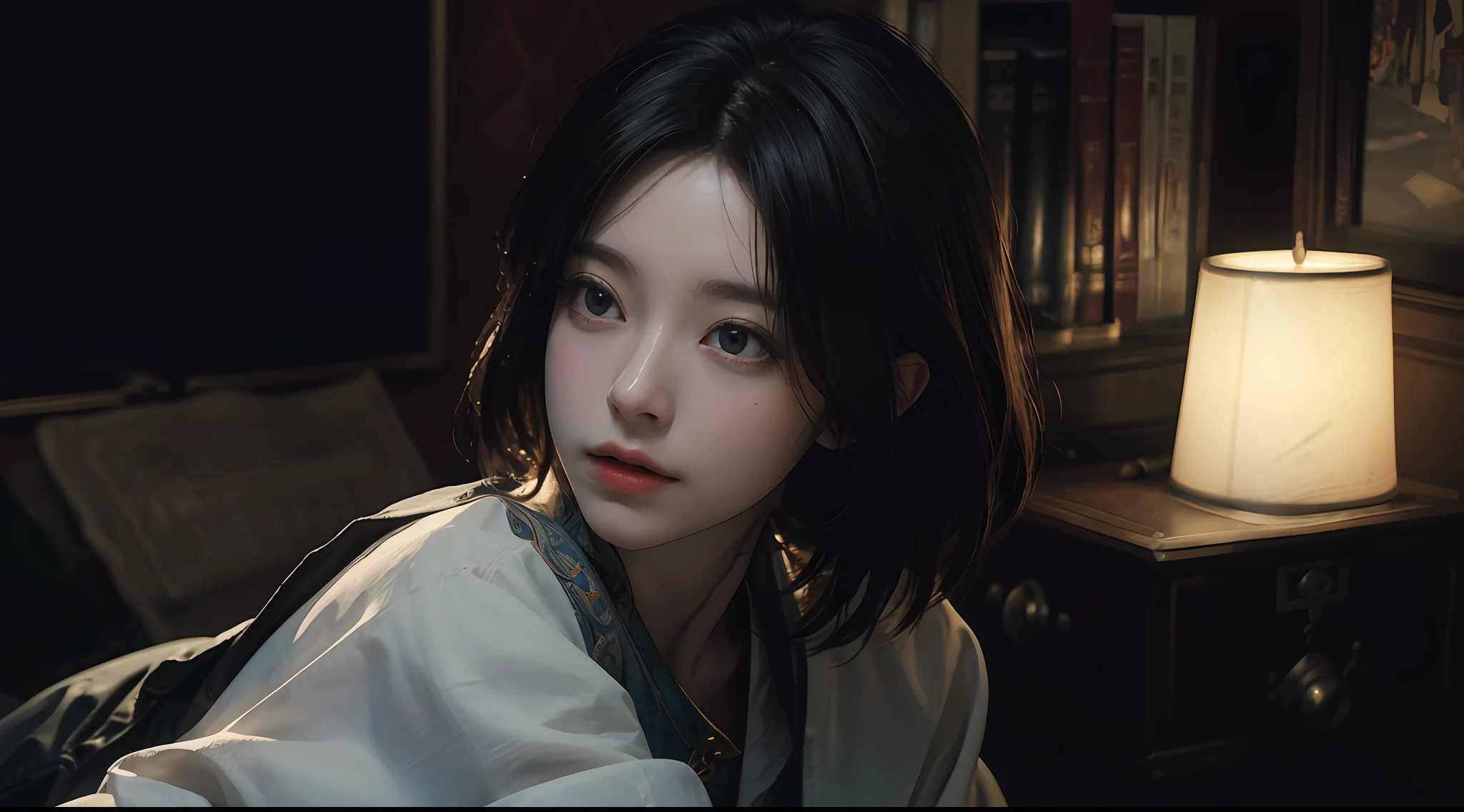 (RAW photos, highest quality), (realistic, photorealistic: 1.3), highest quality, high definition, masterpiece, super detail, illustration, 1girl, dynamic angle, world masterpiece theater, messy_short_hair, top quality, highly detailed CG Unity 8k wallpaper, ink, wonderful, cinematic lighting, lens_flare, dunhuang_style, nice chest