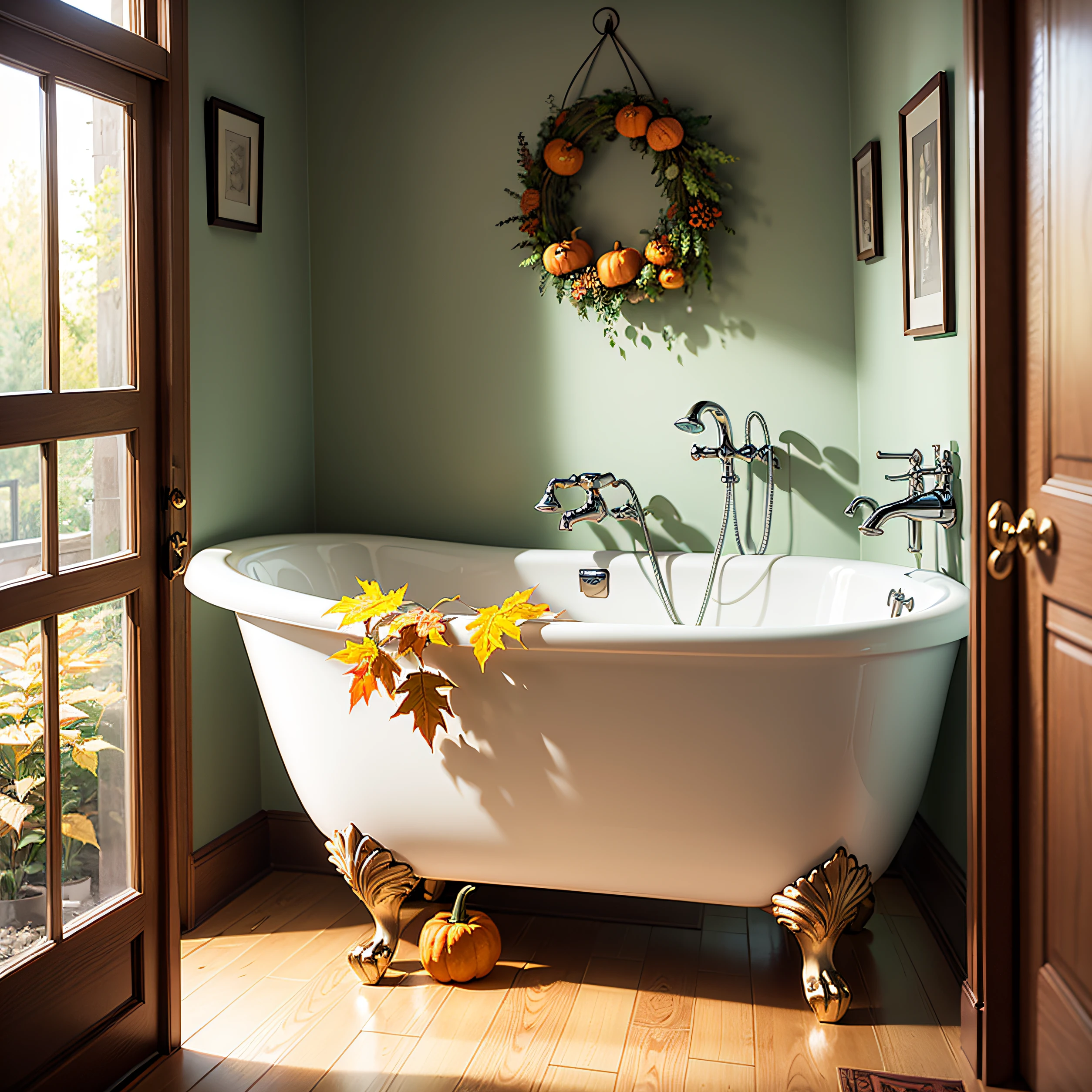 Bathroom with bathtub, Thanksgiving foliage decoration, lots of leaves, Thanksgiving bathroom scene, pumpkin decoration, photographic pictures, vivid details, bright style, ins, Nordic --auto
