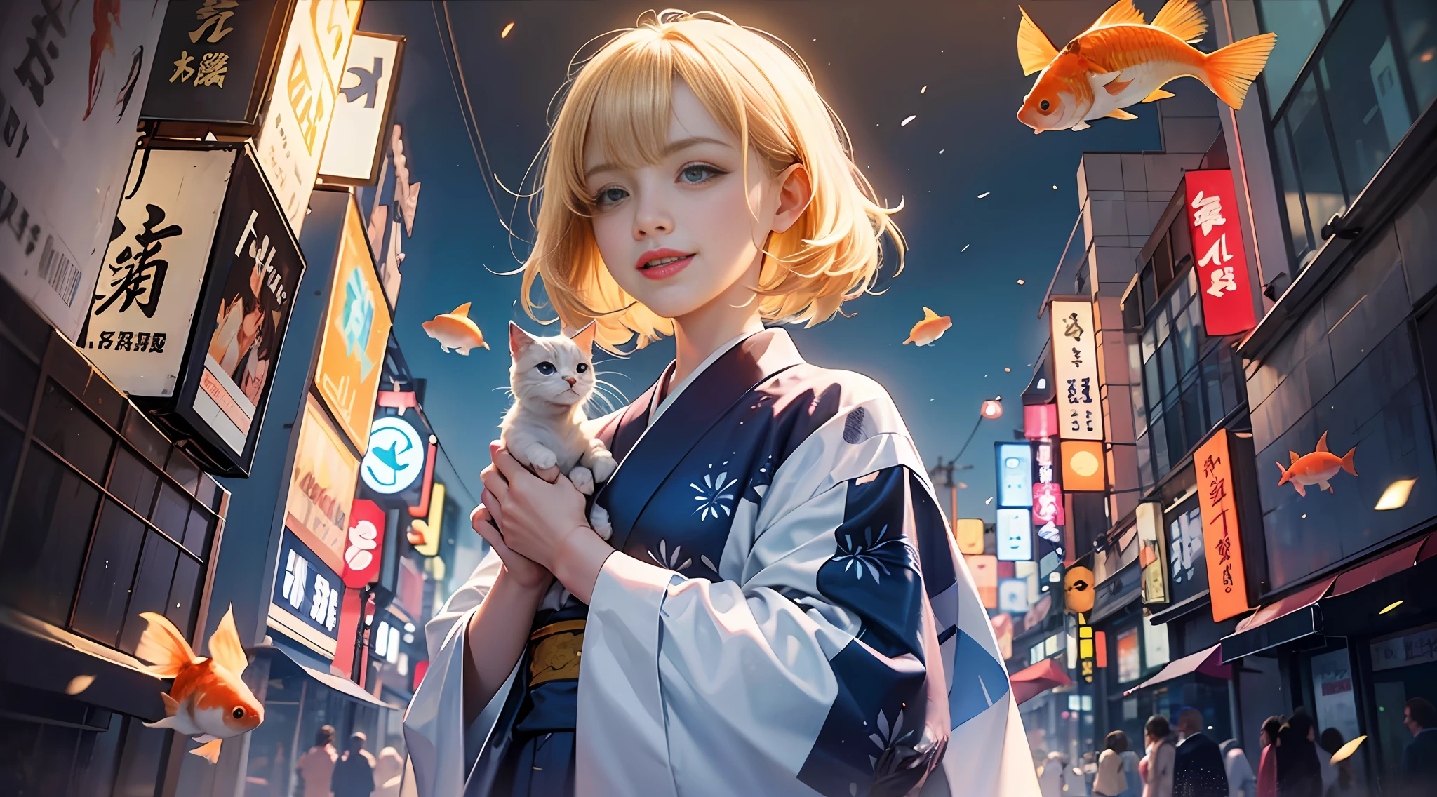 {{masterpiece, best quality, extremely detailed CG, unity 8k wallpaper}}, 20th century, Japan, Tokyo's downtown, a girl hold a cat, smiling, lovely face, blonde, short bob, medium-sized bust, slim waist, yukata with goldfish pattern, detailed eyes, blue eyes, double eyelids, long eyelashes, popeyed goldfish swimming around, cinematic lighting,