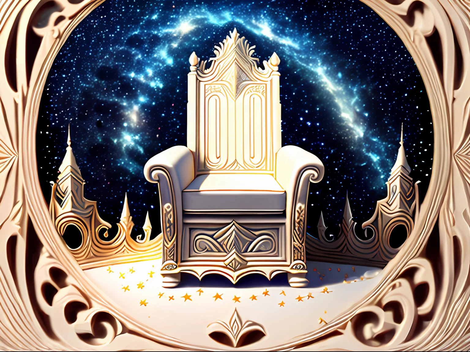White carved throne, cosmic starry sky floating --auto