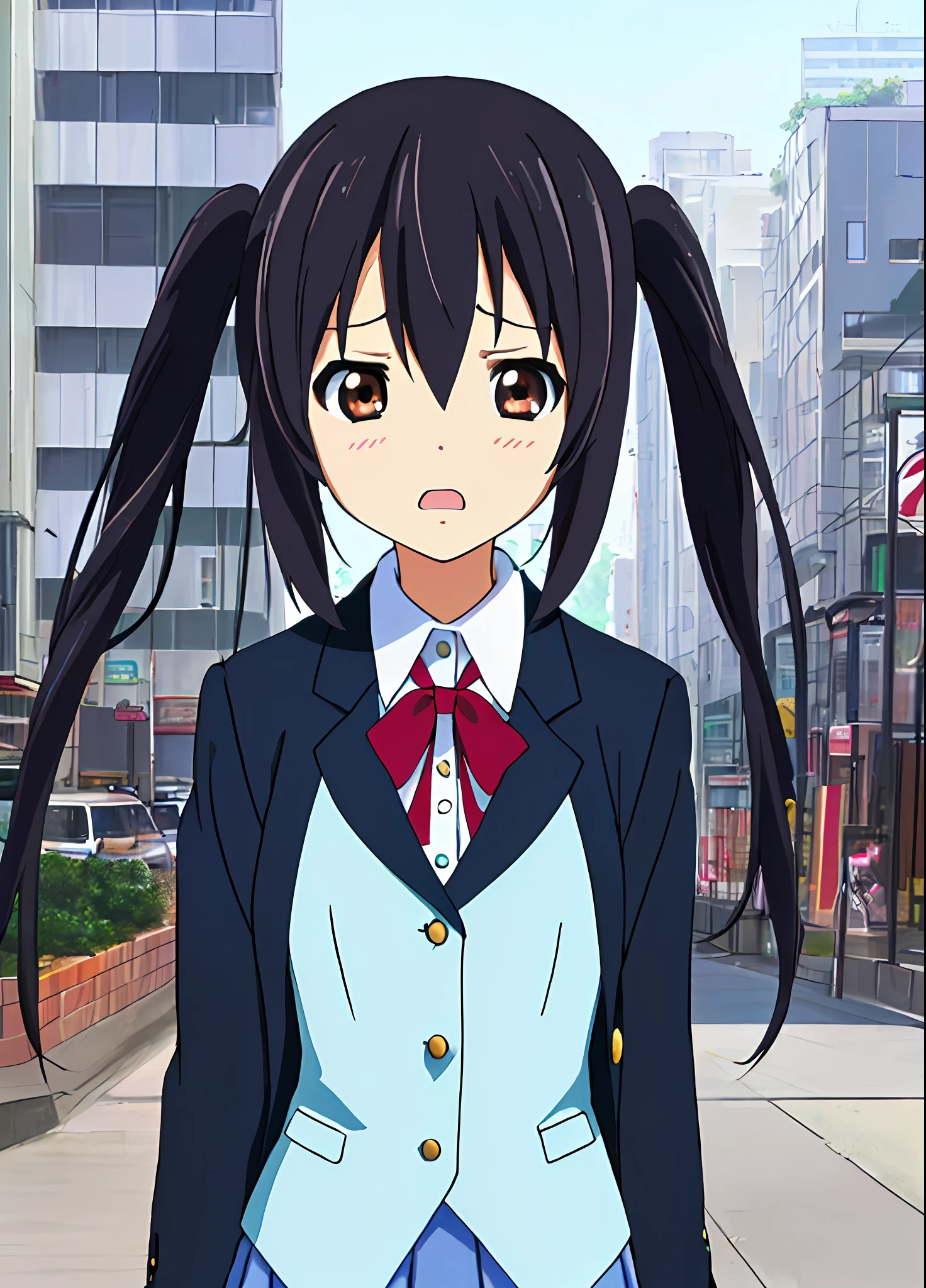 1girl, ((((Masterpiece))), Best Quality, Best Quality, High Detail, Azusa Nakano, 1girl, Sakuragaoka High School Uniform, Musical Instrument, School Uniform, Twin Tails, Long Hair, Black Hair, Brown Eyes, Solo, Red, Dark blue blazer with a thin ribbon of red, Solid white button shirt under blazer, Illustration, Cartoon, Soothing tones, Muted colors, Soft cinematic light, Adobe Lightroom, Photo Lab, HDR, complex and highly detailed, (((depth of field))))). (((Masterpiece))). (((highest quality))).) ((super detail))). (((Illustration))). (((外))).dynamic focus.small breasts. (((skyscrapers))). (((Cityscape))). (((Face of sadness))). open mouth. (((hands on hips))). (((Proud))).