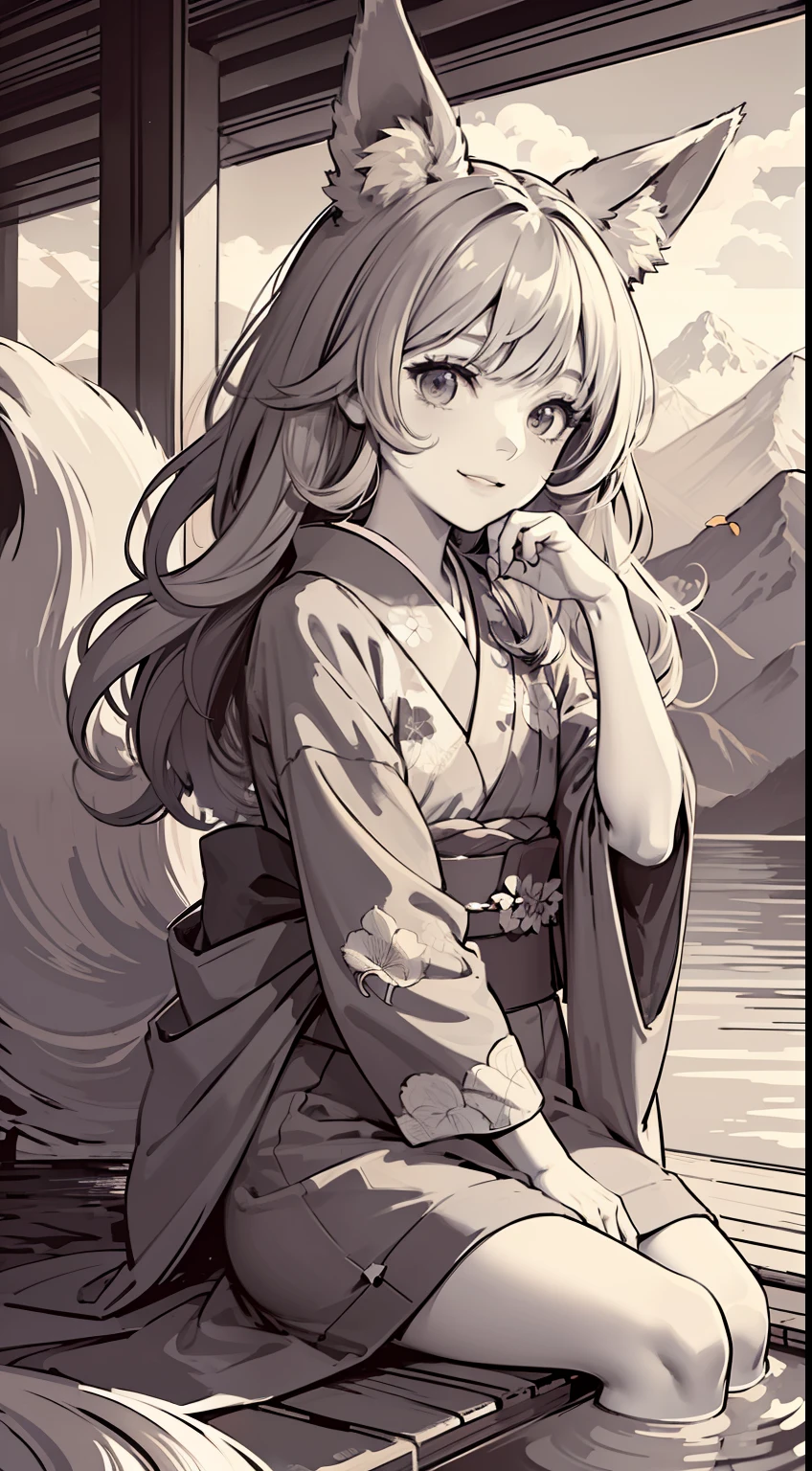 (masterpiece),(best quality),(ultra-detailed),illustration,disheveled hair,Dynamic angle,solo,1girl,game character portrait,(colorful),kimono,(fox tailed :1.2),sit,(barefoot),Fox ear,(chiaroscuro lighting:1.2),smile,mountains,lake water,(flat color:1.5),maple leaf