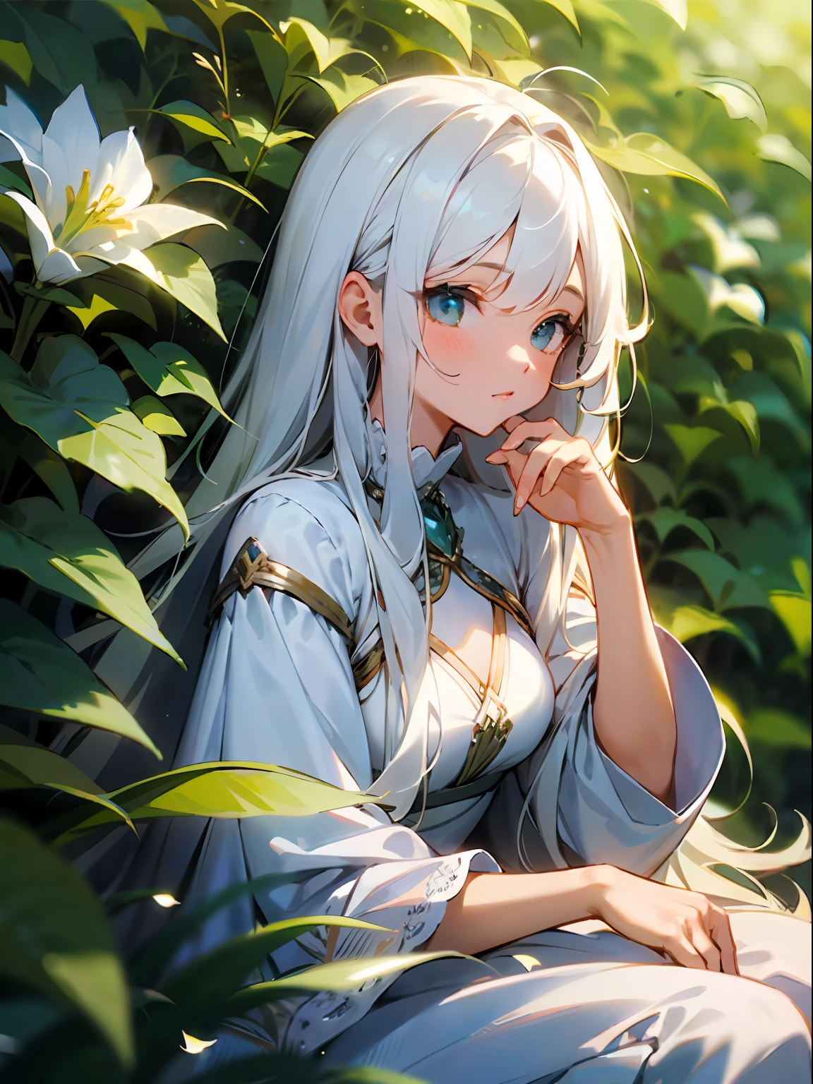 (masterpiece, best quality),1girl with long white hair sitting in a field of green plants and flowers, her hand under her chin, warm lighting, white dress, blurry foreground.
