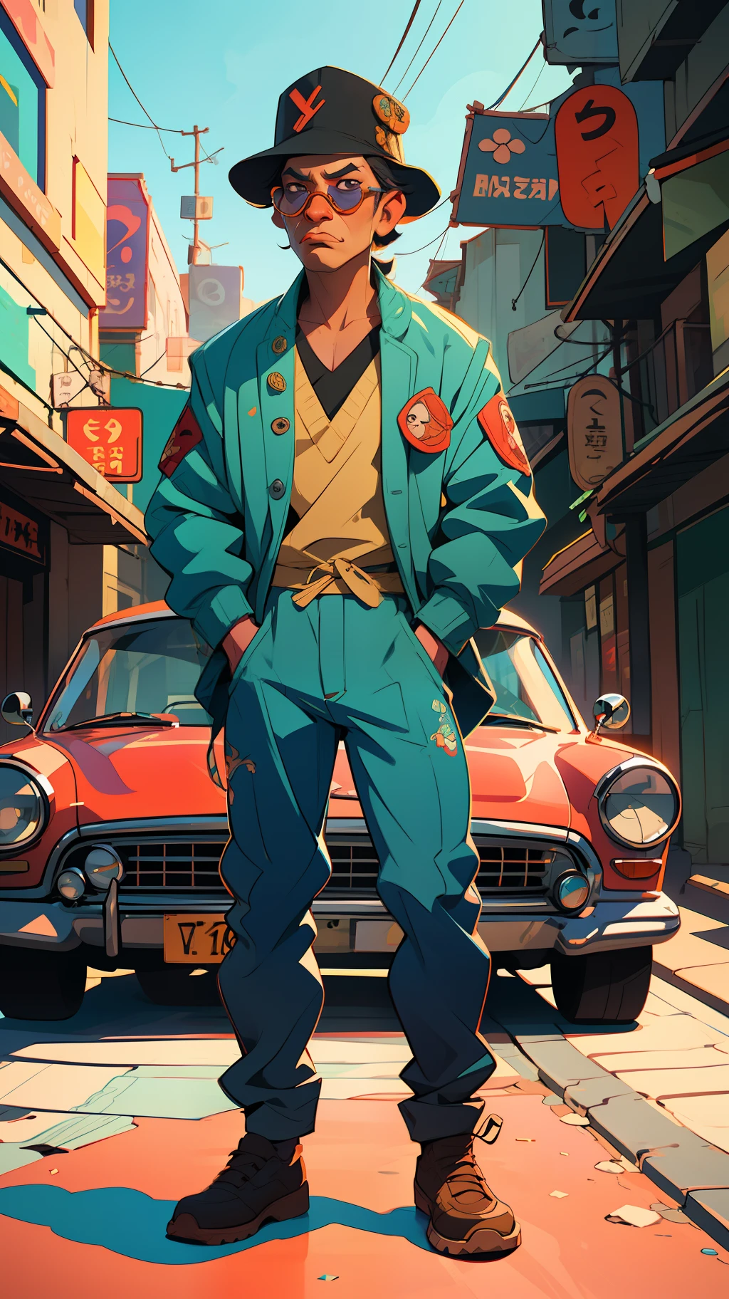 there is a man wearing a hat and sunglasses standing in front of a car, digital art inspired by mads berg, tumblr, digital art, in style of kar wai wong, in style of digital illustration, in style of monkeybone, stylized digital illustration, in style of cory loftis, rob rey and kentarõ miura style, fan art