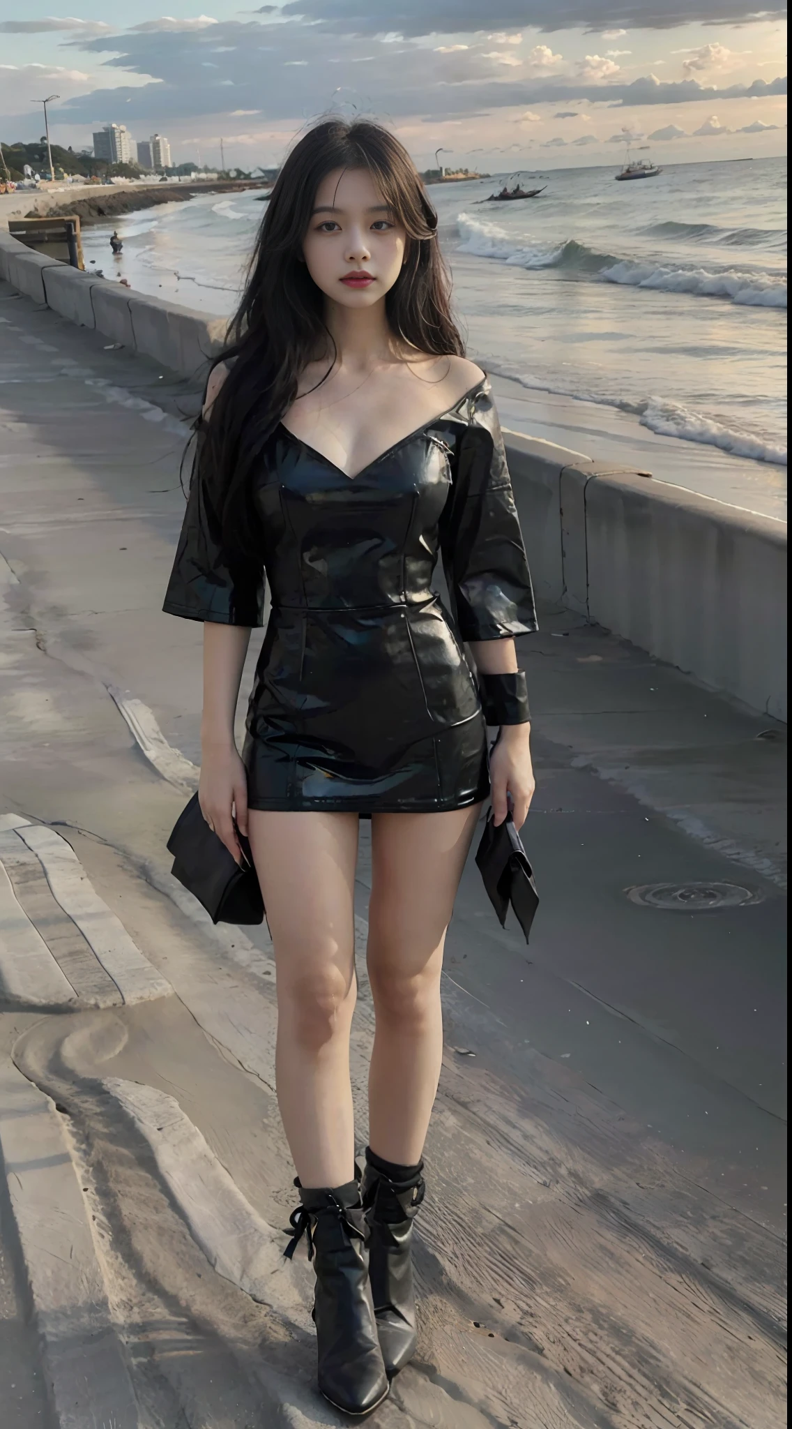 (One girl: 1.3), long black hair, standing, facing the observer, wearing a short black dress, latex, black high-heeled boots, outdoors, beachside, beach, sunset, tall, beautiful girl, dressed conservatively, mature, smaller neckline, short sleeves