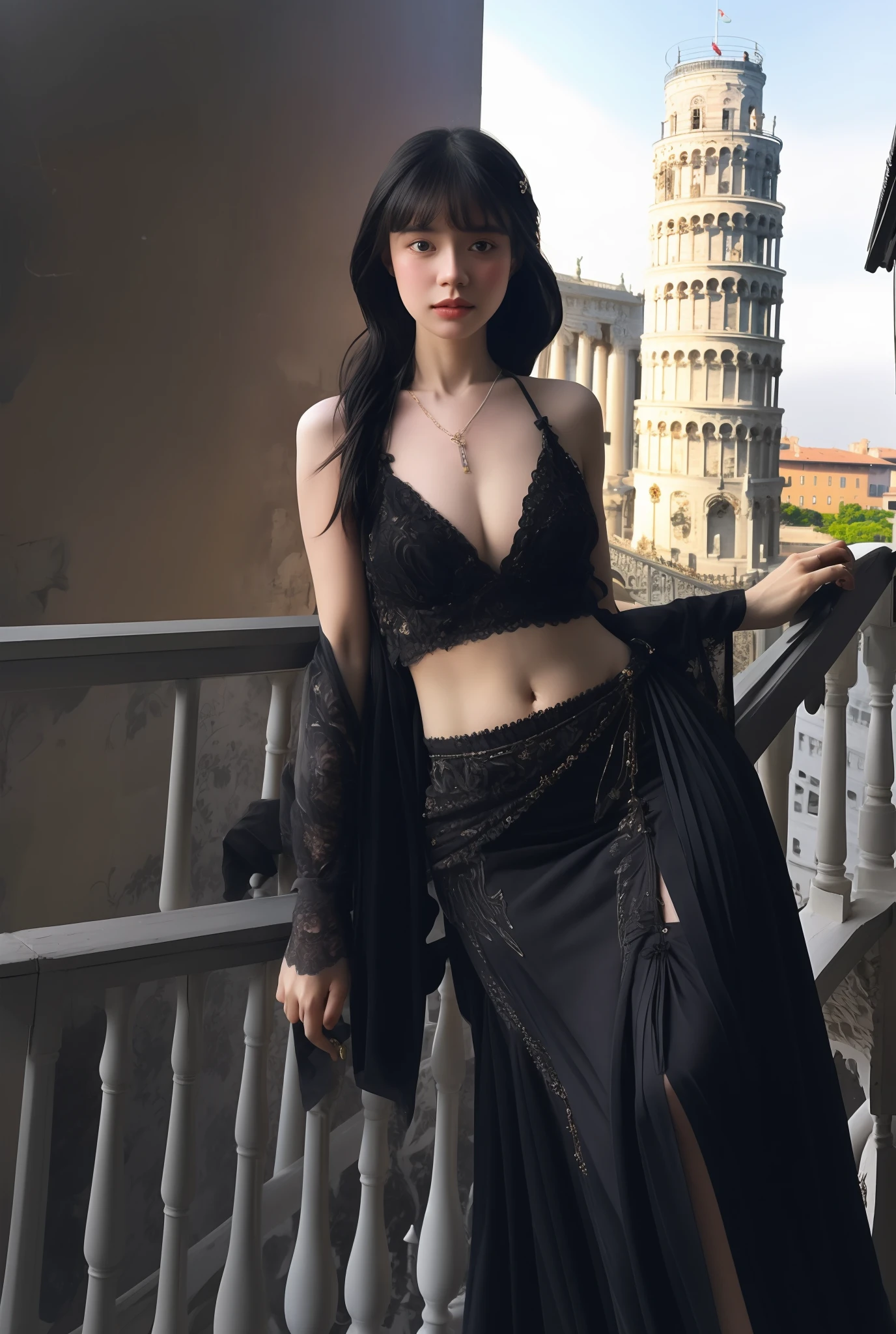 modelshoot style, (extremely detailed CG unity 8k wallpaper),full shot body photo of the most beautiful artwork in the world, stunningly beautiful photo realistic cute women intricately detailed costume, navel,(Leaning Tower Of Pisa background), professional majestic oil painting by Ed Blinkey, Atey Ghailan, Studio Ghibli, by Jeremy Mann, Greg Manchess, Antonio Moro, trending on ArtStation, trending on CGSociety, Intricate, High Detail, Sharp focus, dramatic, photorealistic painting art by midjourney and greg rutkowski